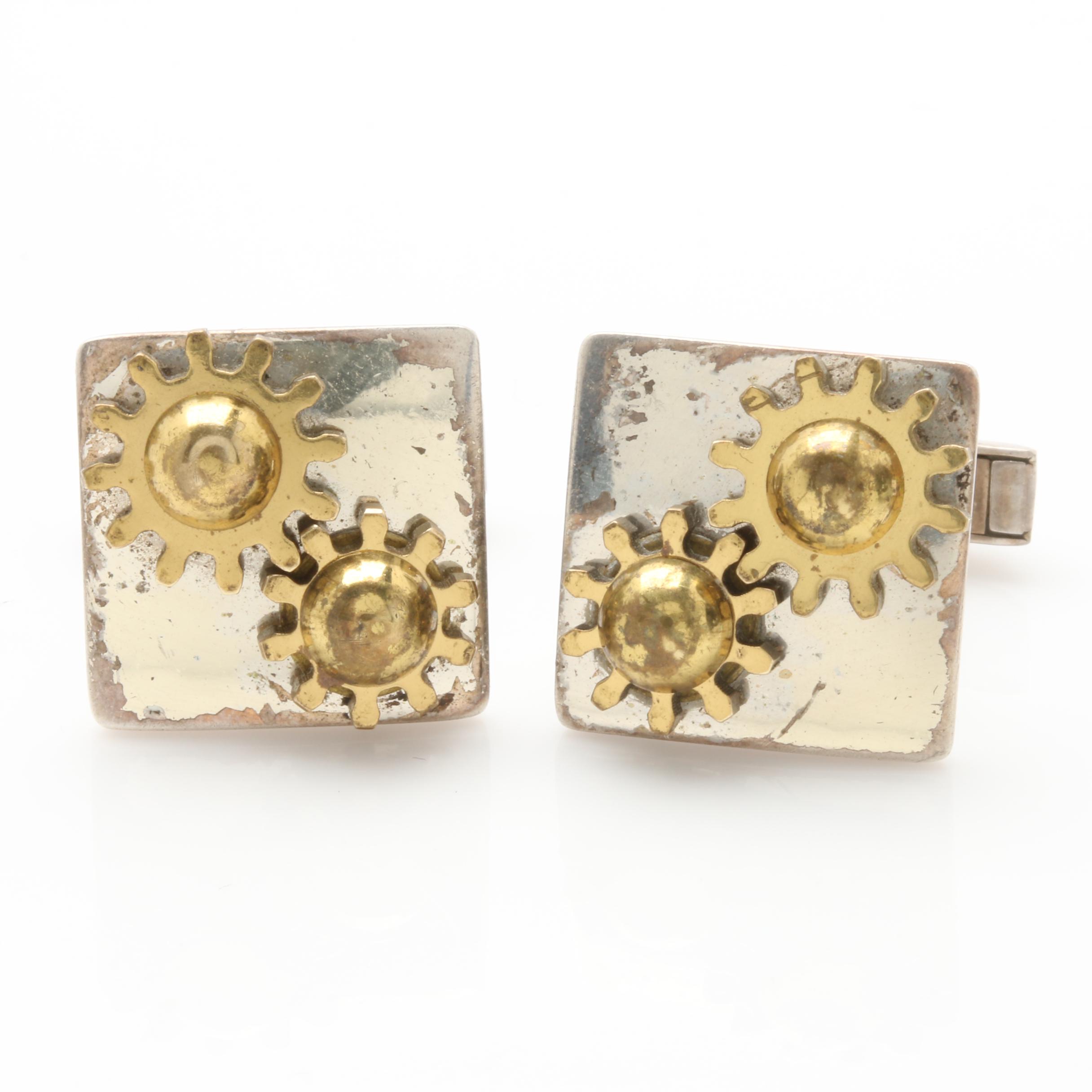 Modernist Sterling Silver Articulated Industrial Cufflinks with Brass Accents