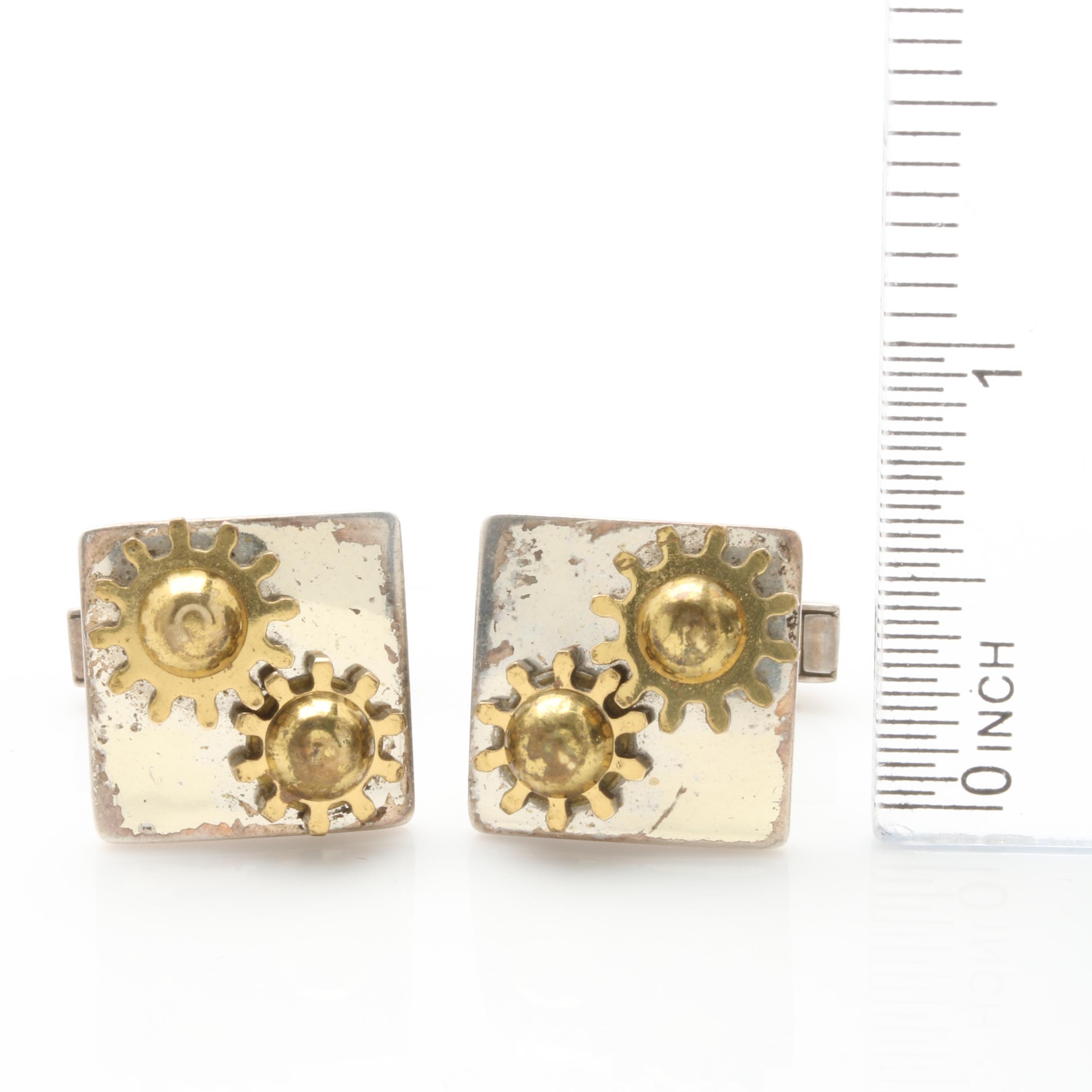 Modernist Sterling Silver Articulated Industrial Cufflinks with Brass Accents