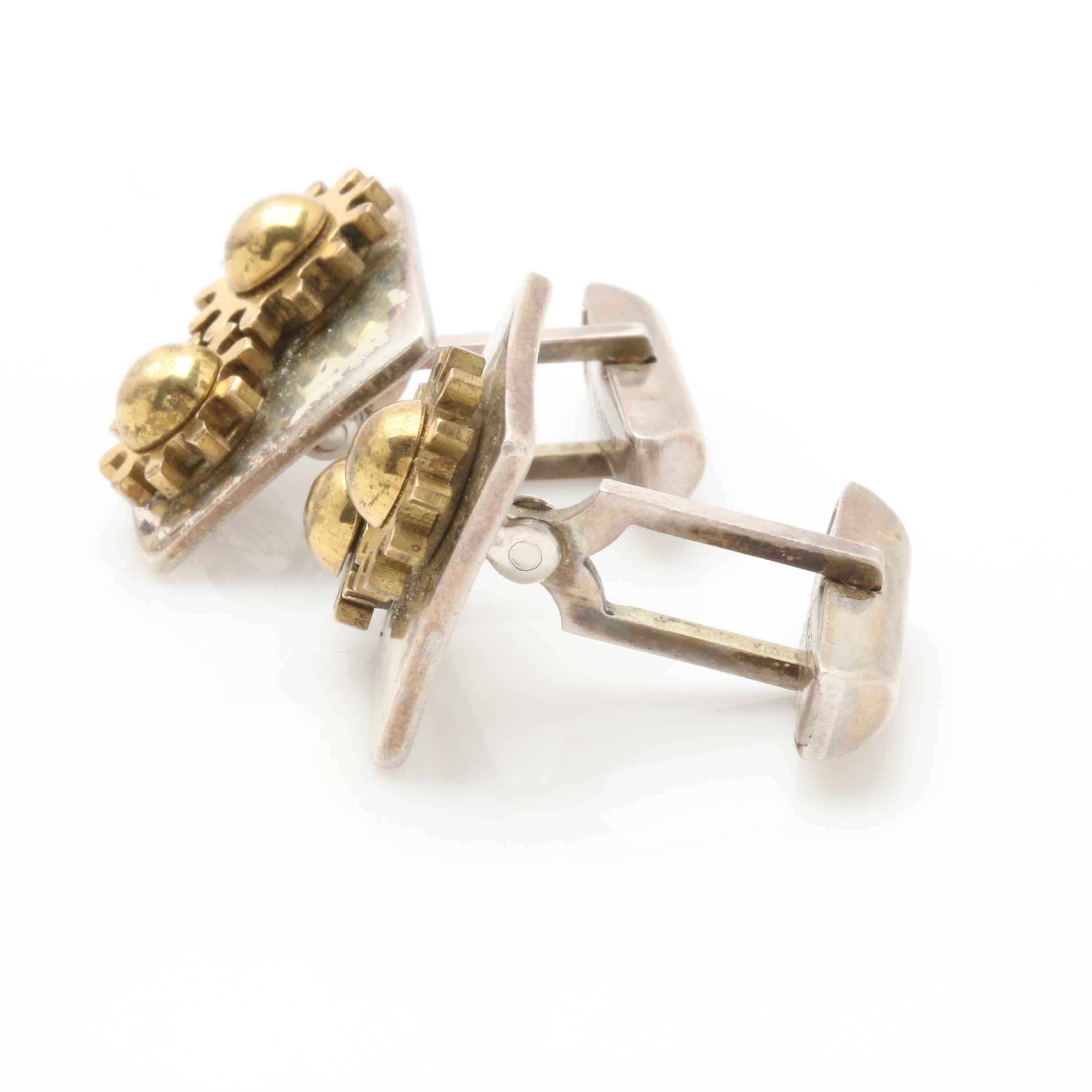 Modernist Sterling Silver Articulated Industrial Cufflinks with Brass Accents
