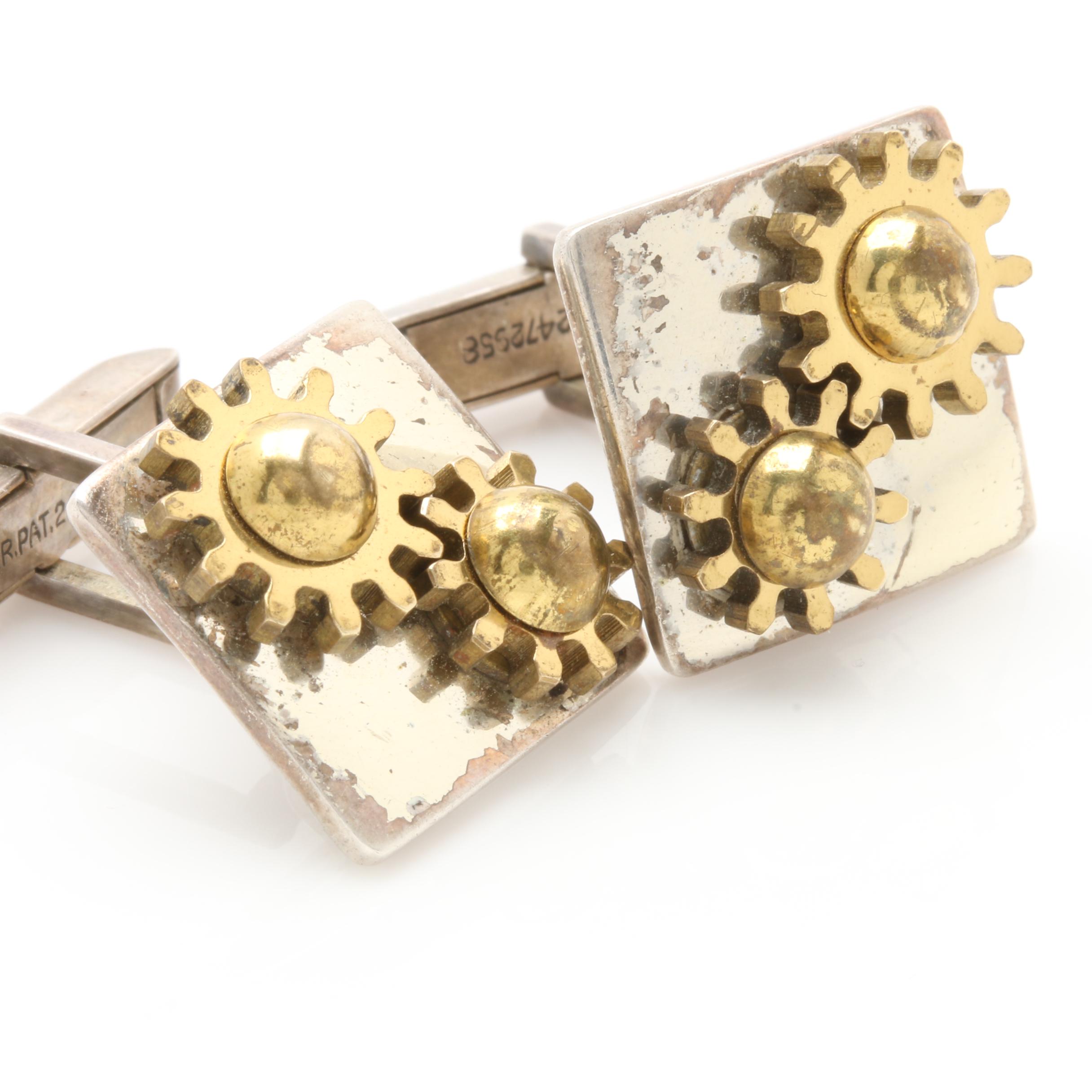 Modernist Sterling Silver Articulated Industrial Cufflinks with Brass Accents