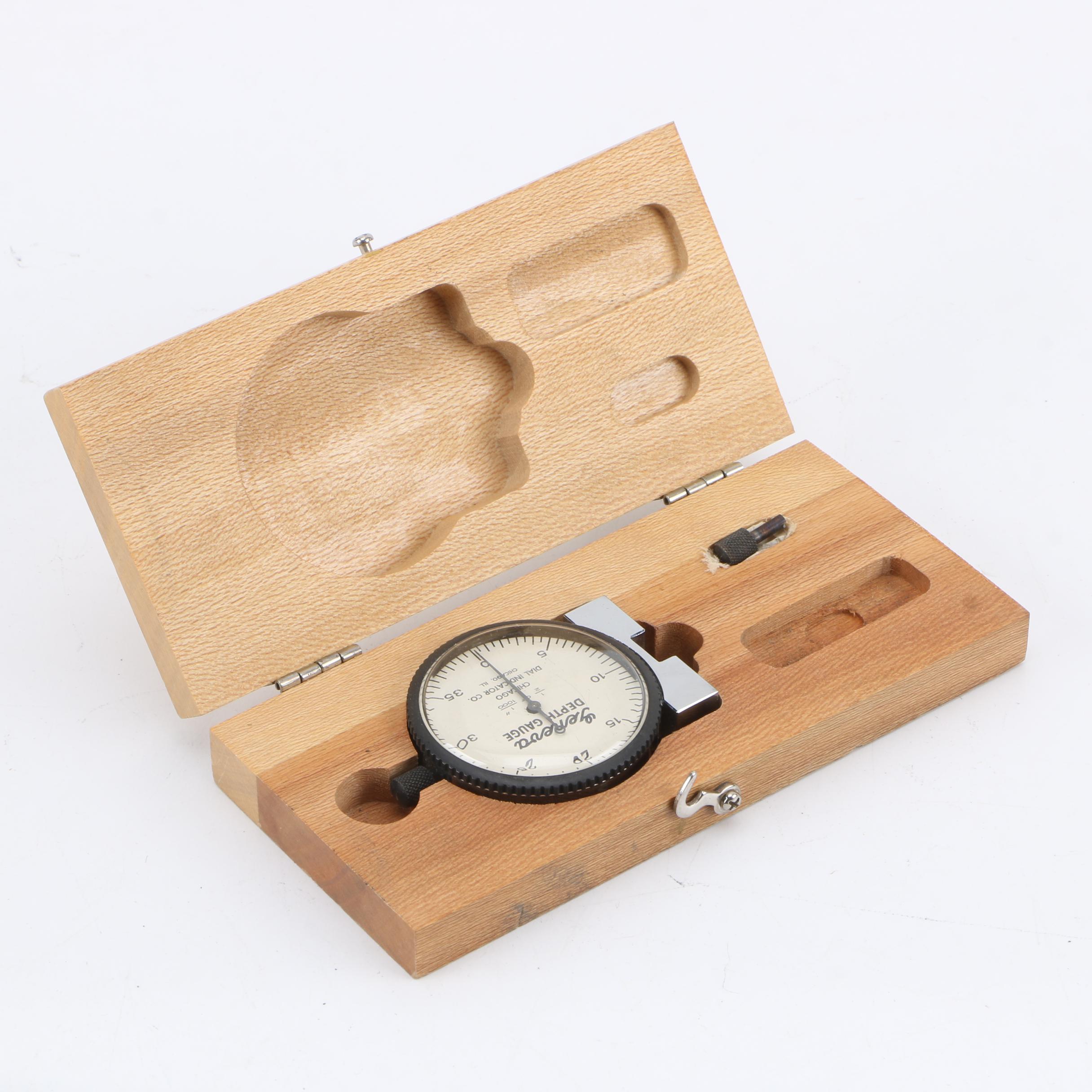 Geneva Depth Gauge and Wooden Box by Chicago Dial Indicator Co.