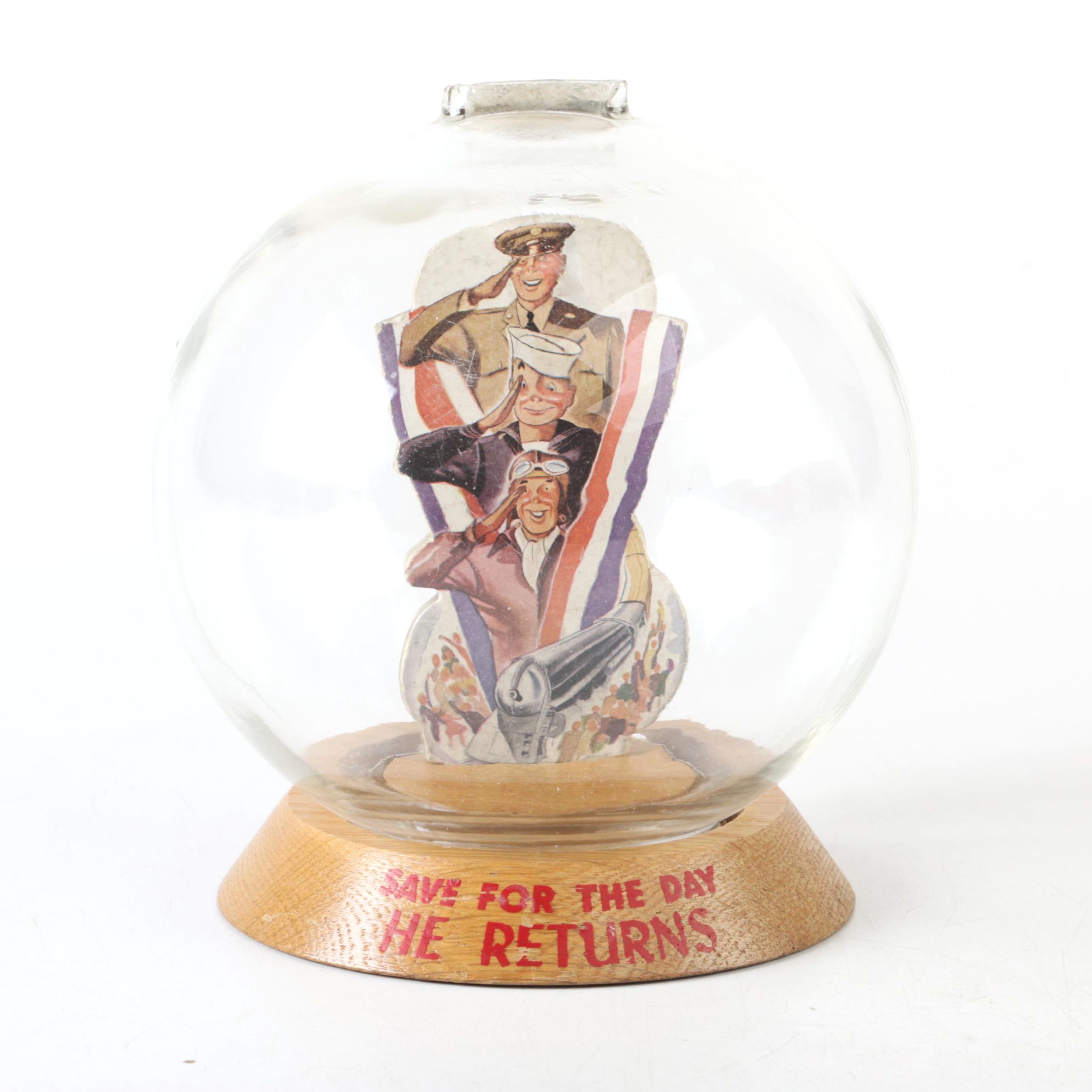 Vintage Glass Novelty Bubble Bank "Save for Day He Returns"