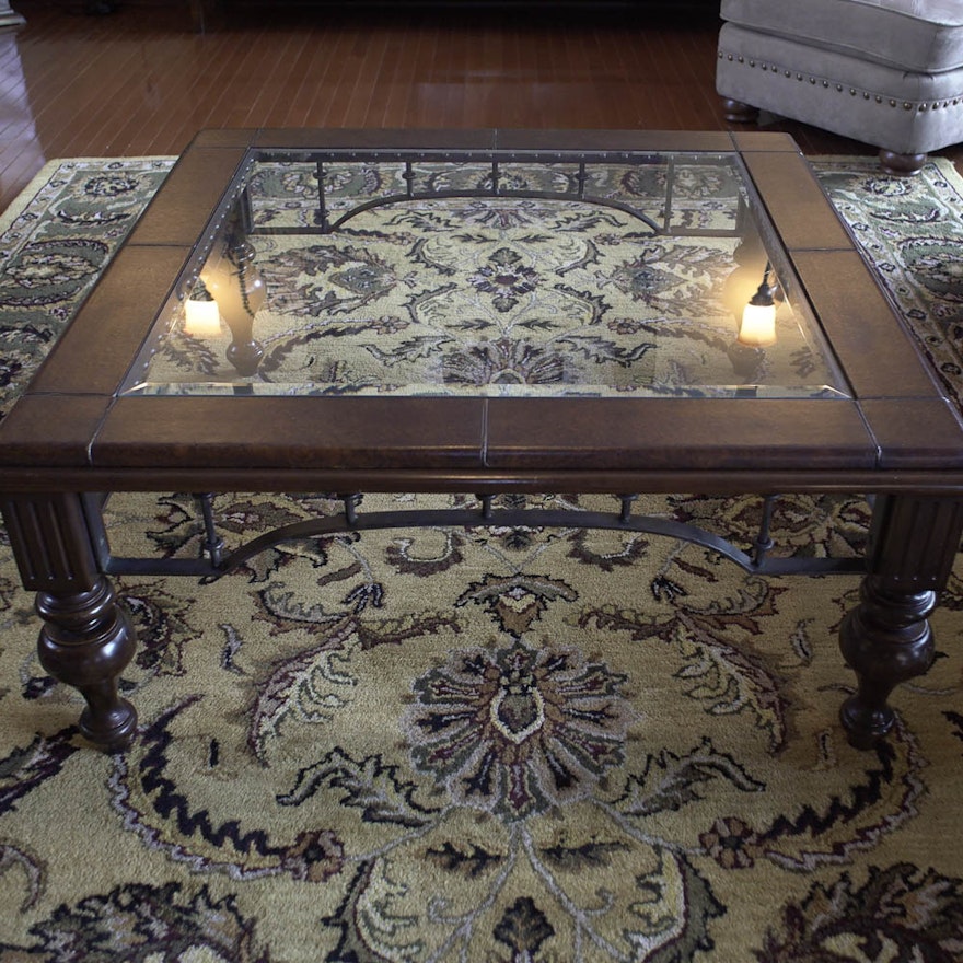 Glass Top Coffee Table with Faux Leather Trim