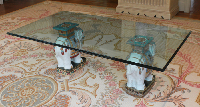 Glass Top Coffee Table with Ceramic Elephant Supports