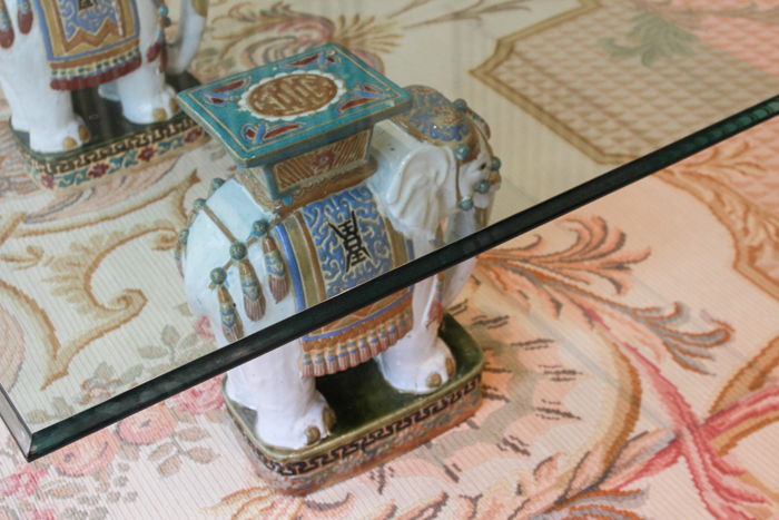Glass Top Coffee Table with Ceramic Elephant Supports