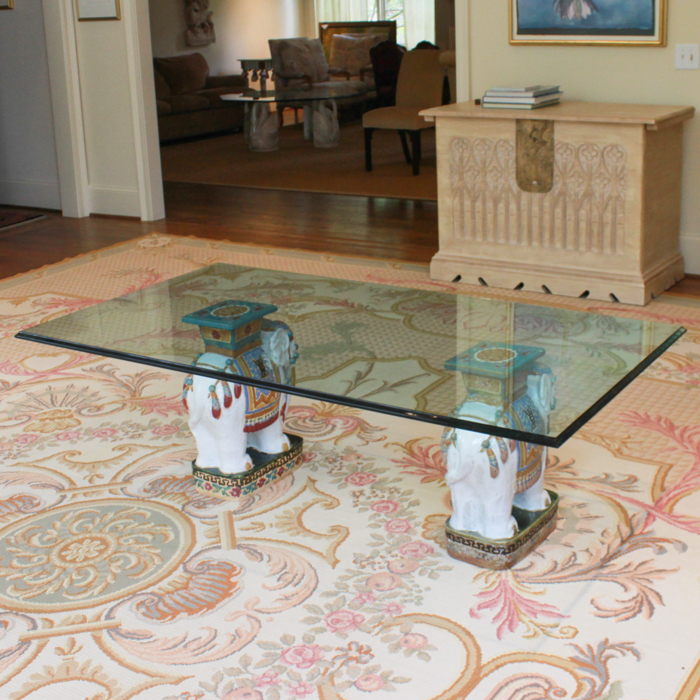 Glass Top Coffee Table with Ceramic Elephant Supports