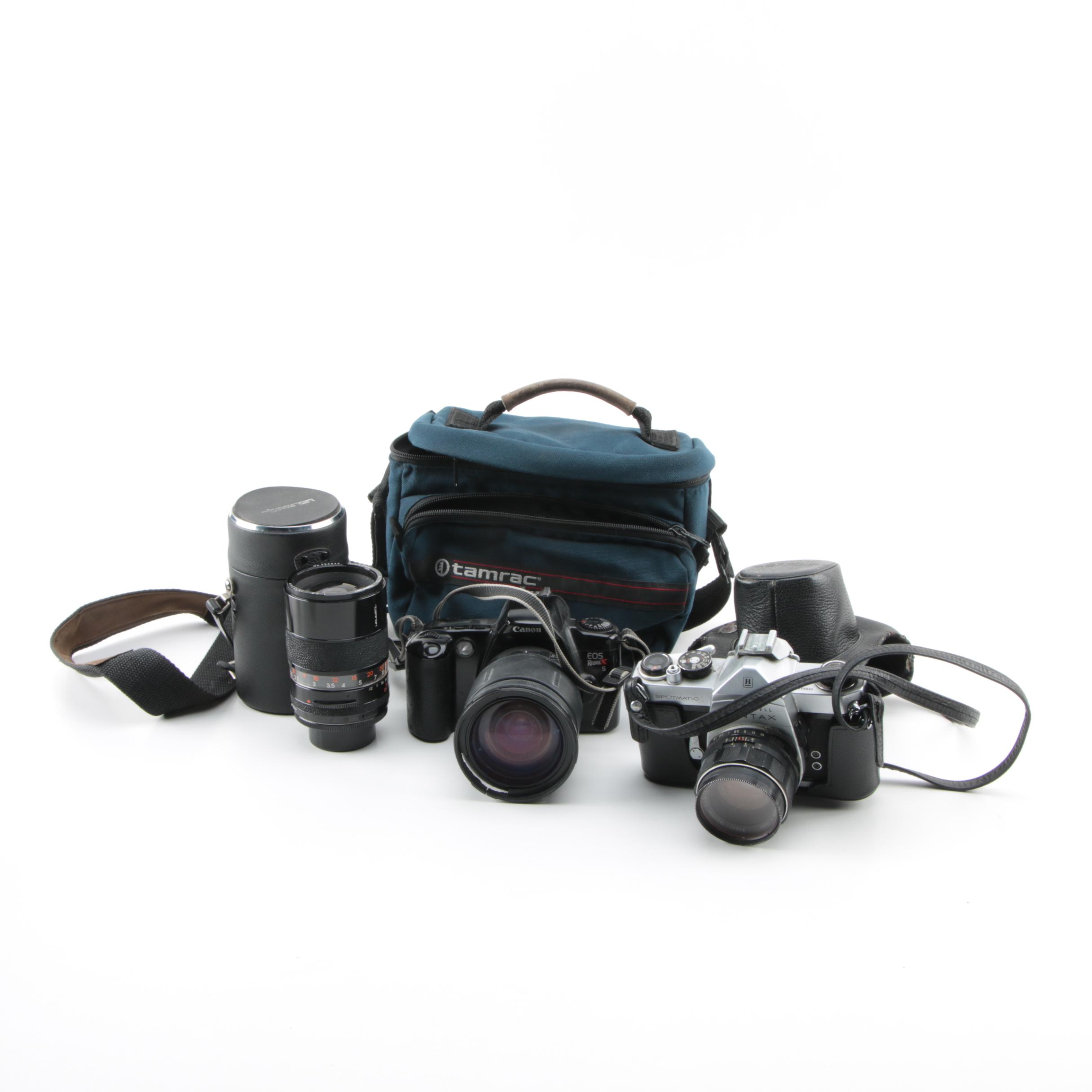 Canon Rebel X and Pentax Spotmatic Camera with Accessories