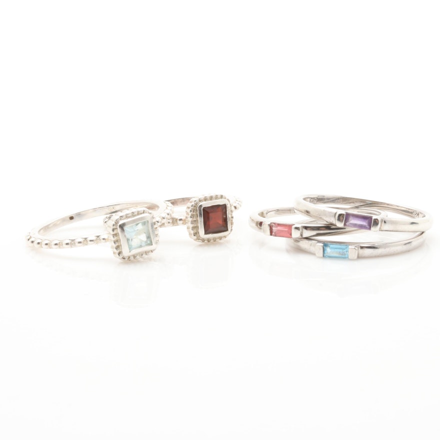 Selection of Sterling Silver Amethyst, Garnet and Blue Topaz Stacking Rings