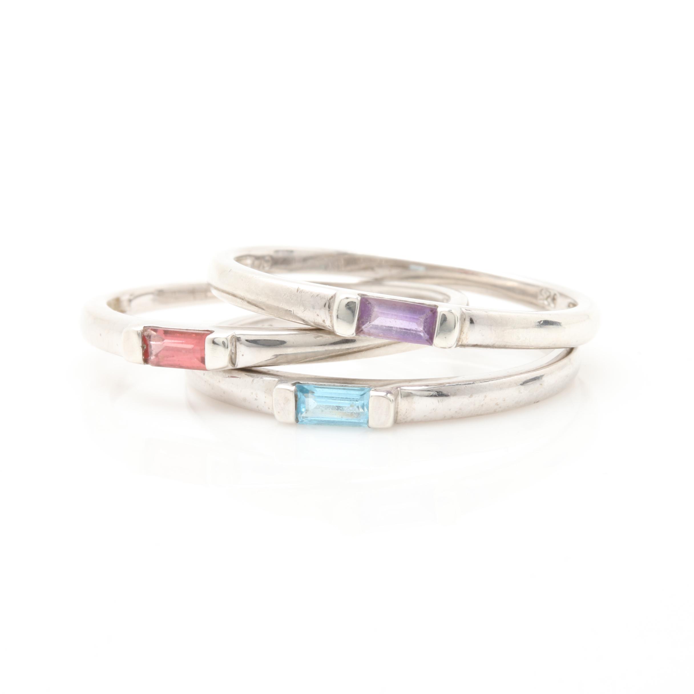 Selection of Sterling Silver Amethyst, Garnet and Blue Topaz Stacking Rings