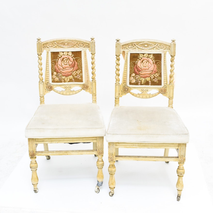 Two Victorian Style Upholstered Dining Chairs with Silk Embroidery