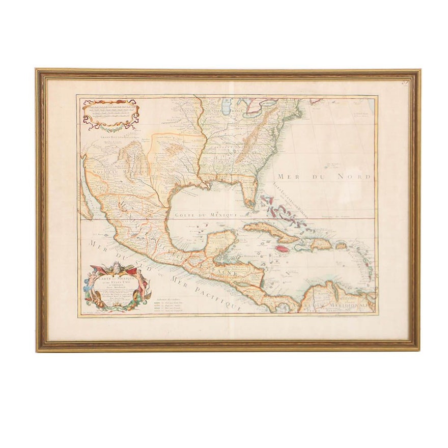 Jean Dezauche Late 18th-Century Hand-Colored Map Engraving of U.S. and Mexico