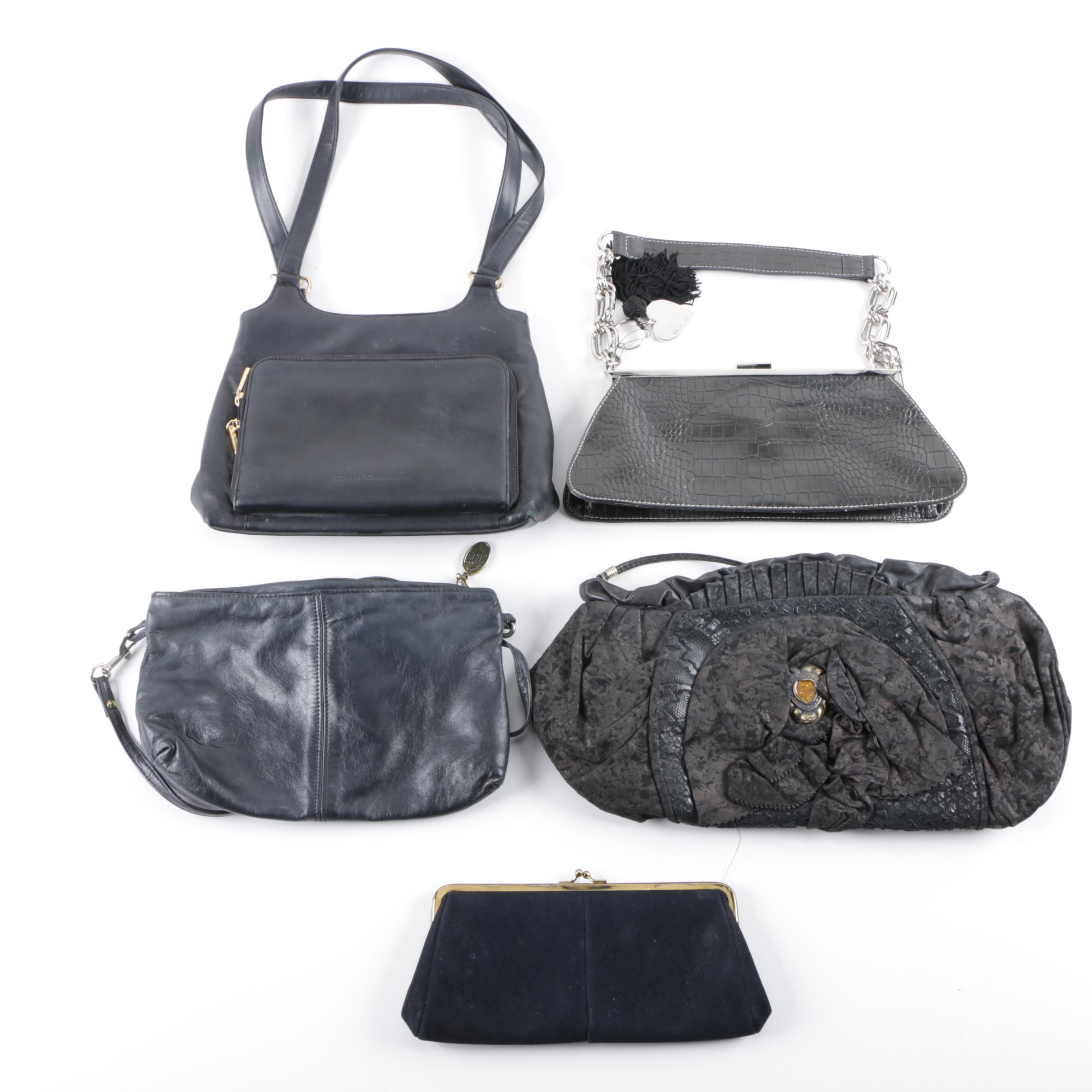 Five Black Leather Handbags Including Nine West