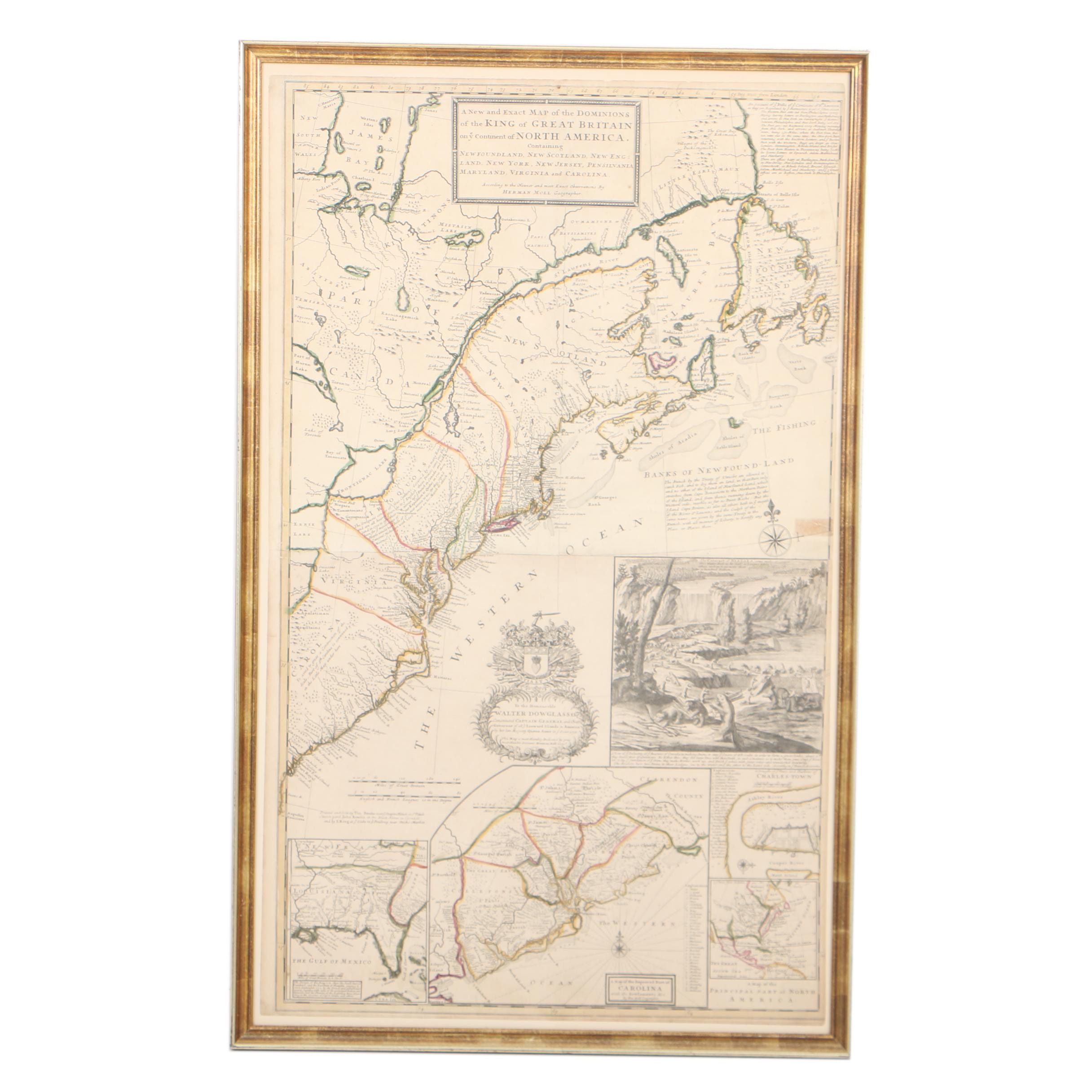 Herman Moll Early 18th-Century Map Engraving of North American British Colonies