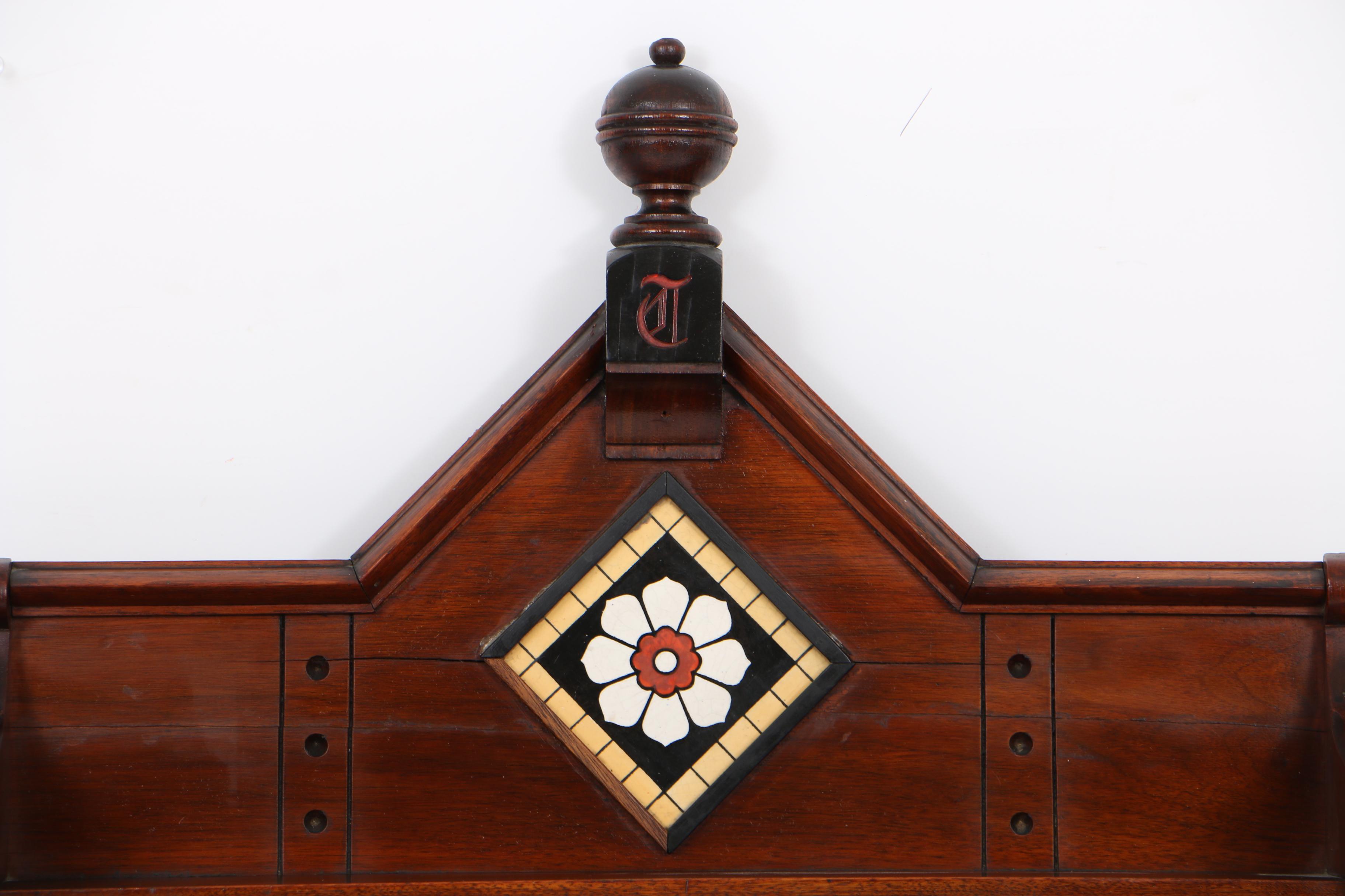 Antique Victorian Aesthetic Movement Walnut and Tile-Mounted Hanging Shelf