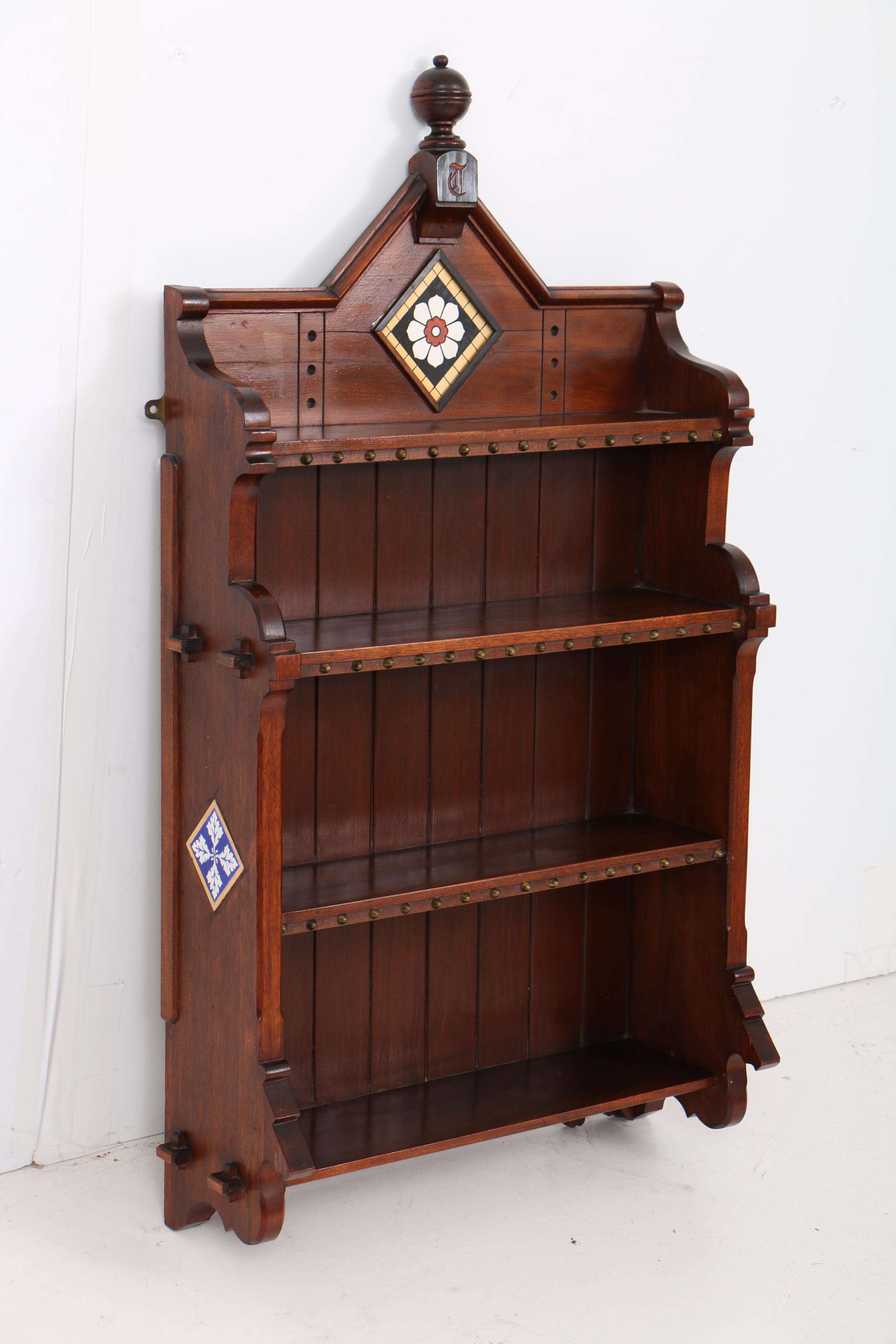 Antique Victorian Aesthetic Movement Walnut and Tile-Mounted Hanging Shelf