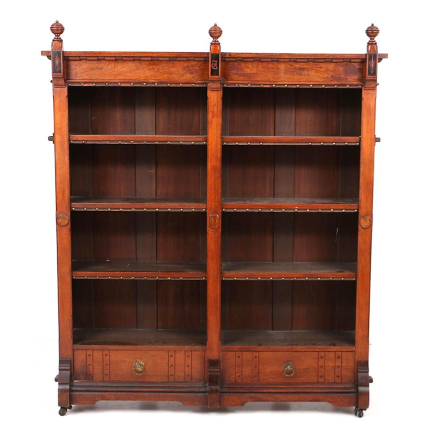 Antique Victorian Aesthetic Movement Walnut and Tile-Mounted Bookcase