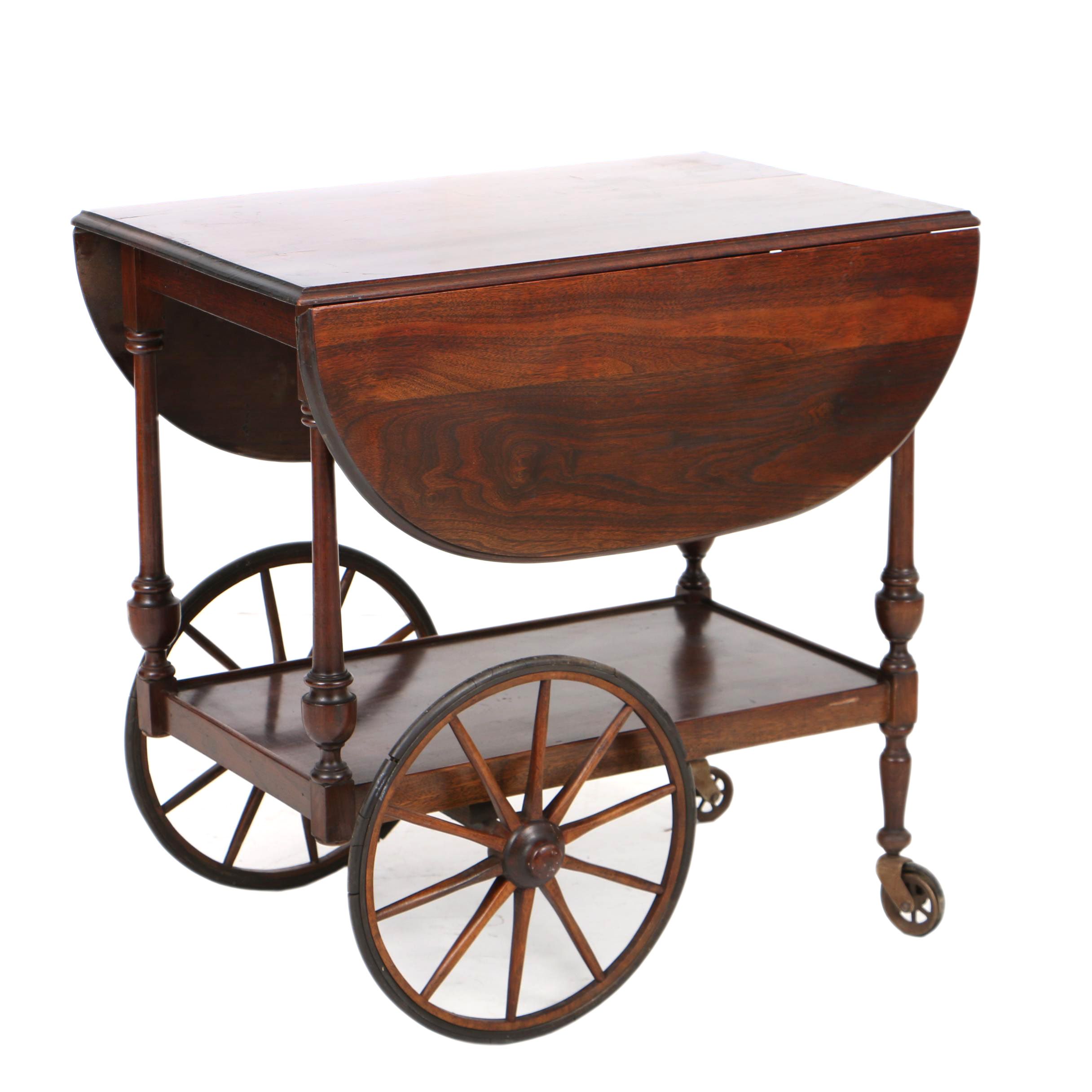 Vintage Walnut Tea Cart with Glass Serving Tray