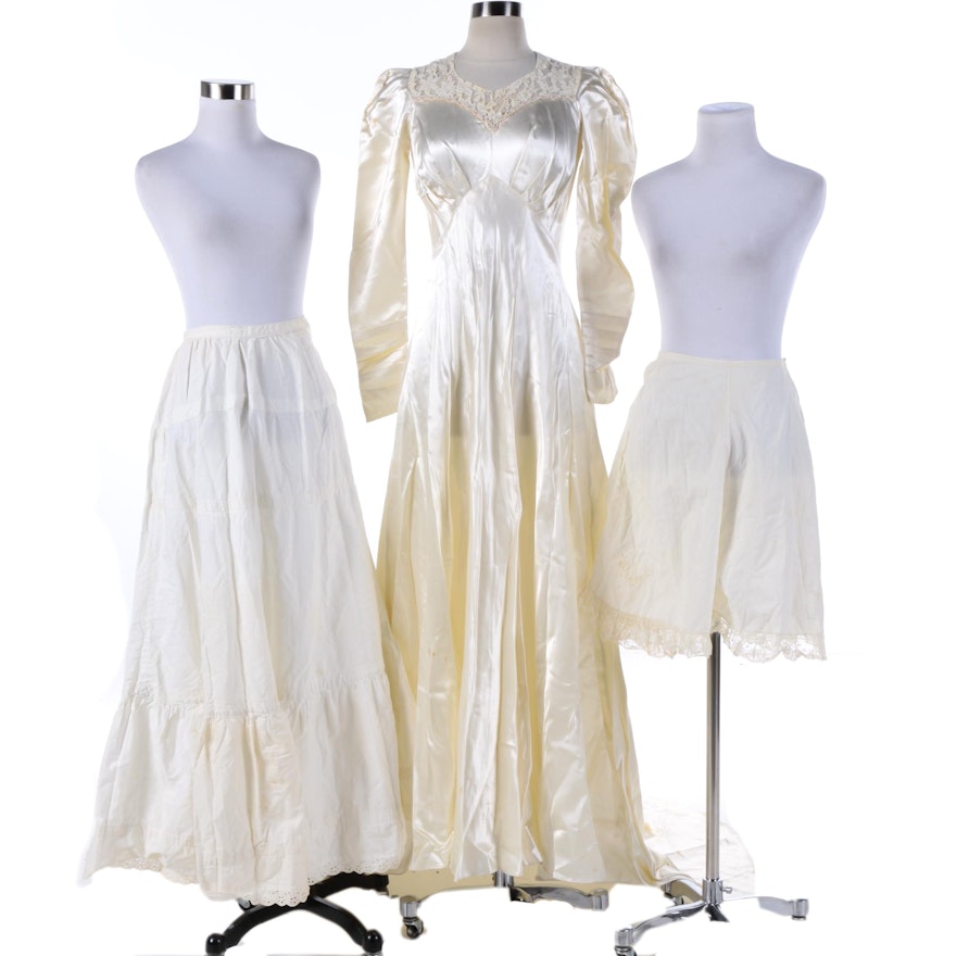 Circa 1940s Vintage Satin Wedding Dress, Crinoline and Bloomers