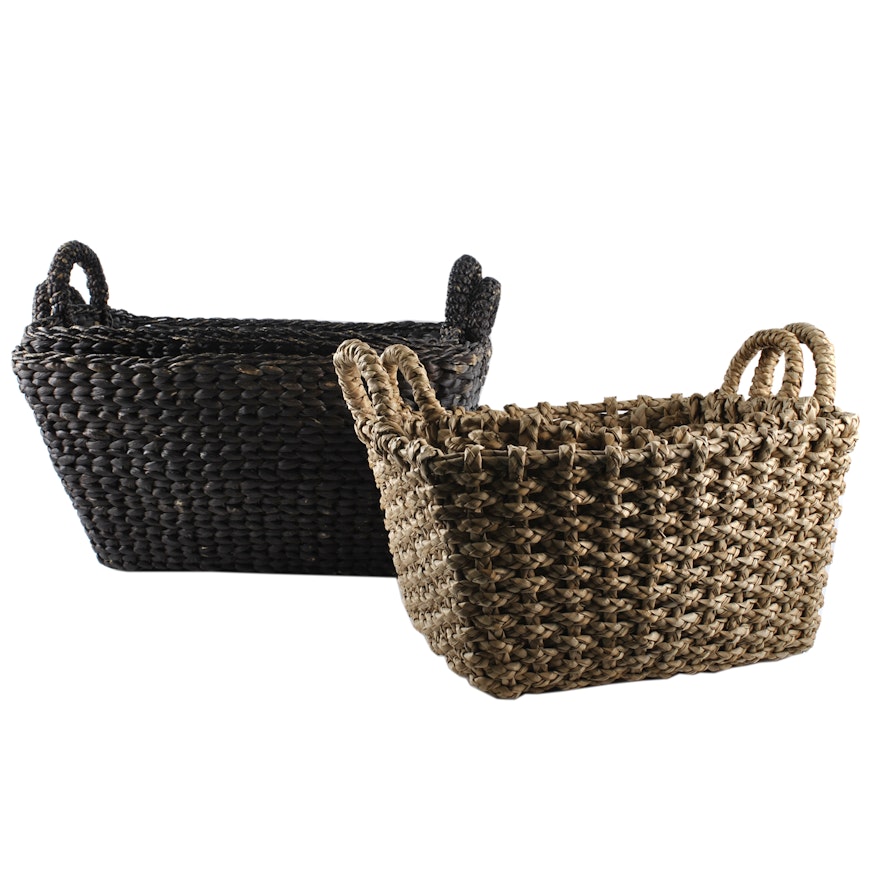 Stained and Natural Sea Grass Woven Rectangular Handled Baskets