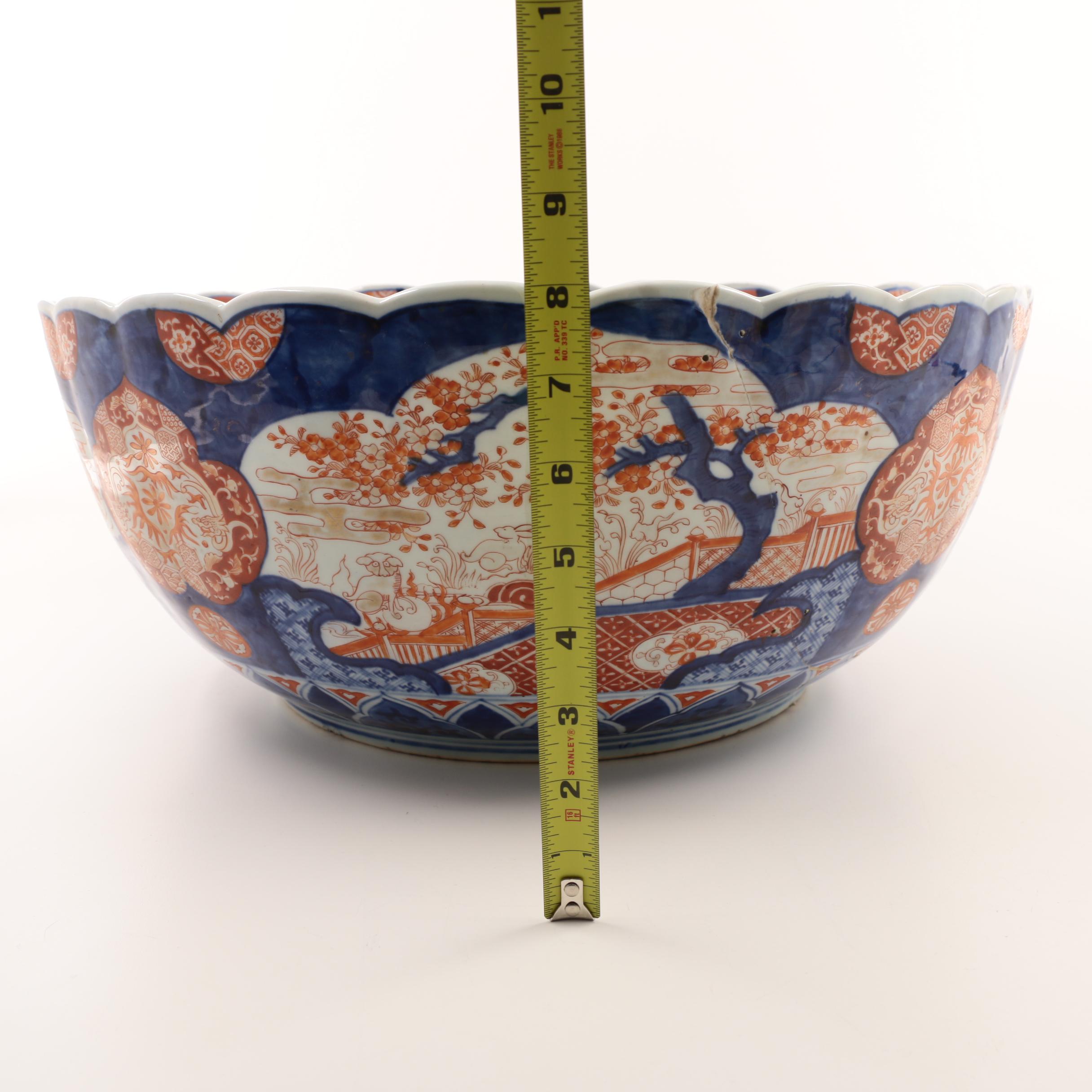 Very Large Meiji Period Japanese Imari Bowl with Scalloped Rim