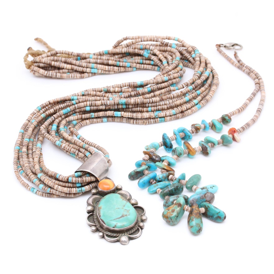Turquoise and Shell Necklaces Including Albert MacCabe Navajo Diné Sterling
