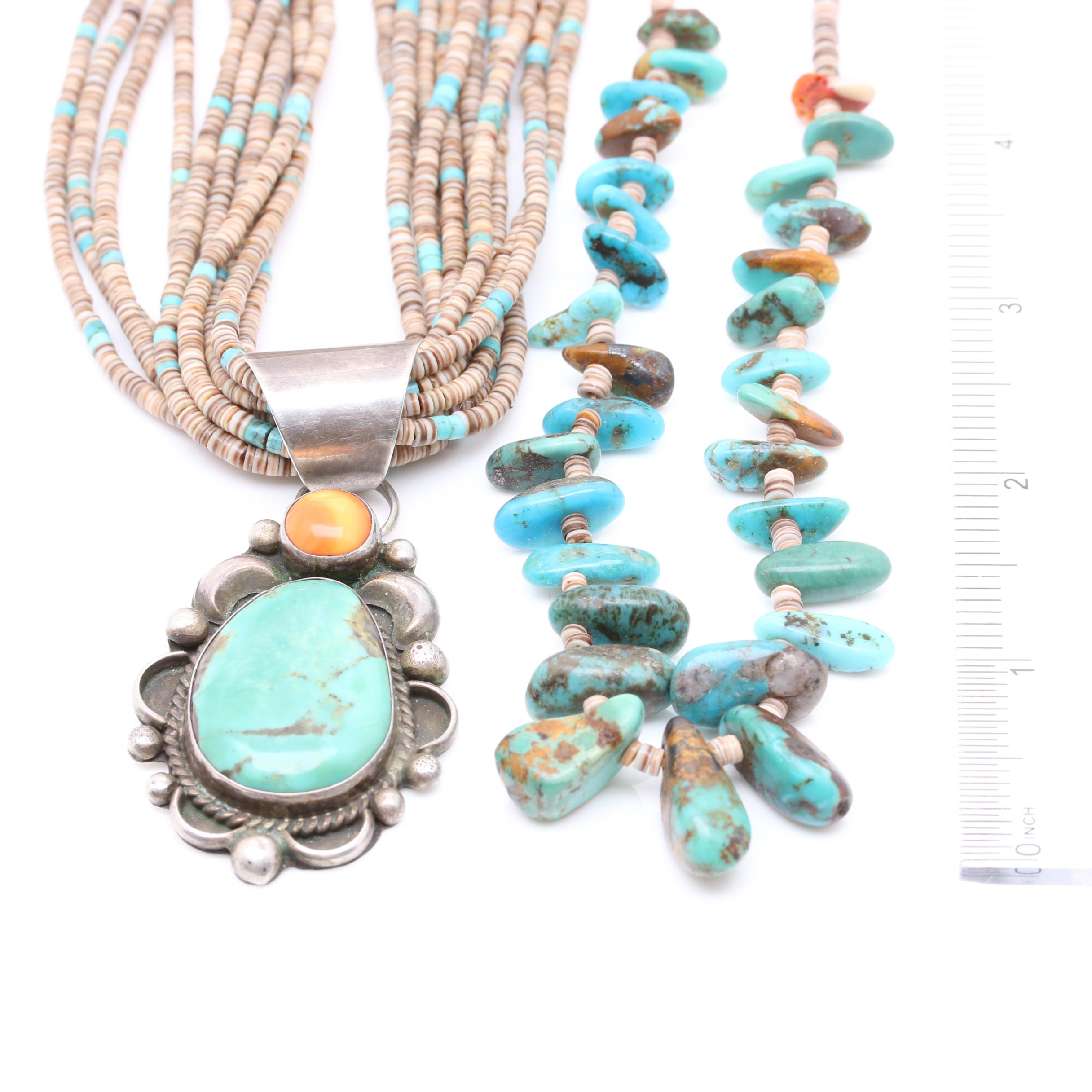 Turquoise and Shell Necklaces Including Albert MacCabe Navajo Diné Sterling