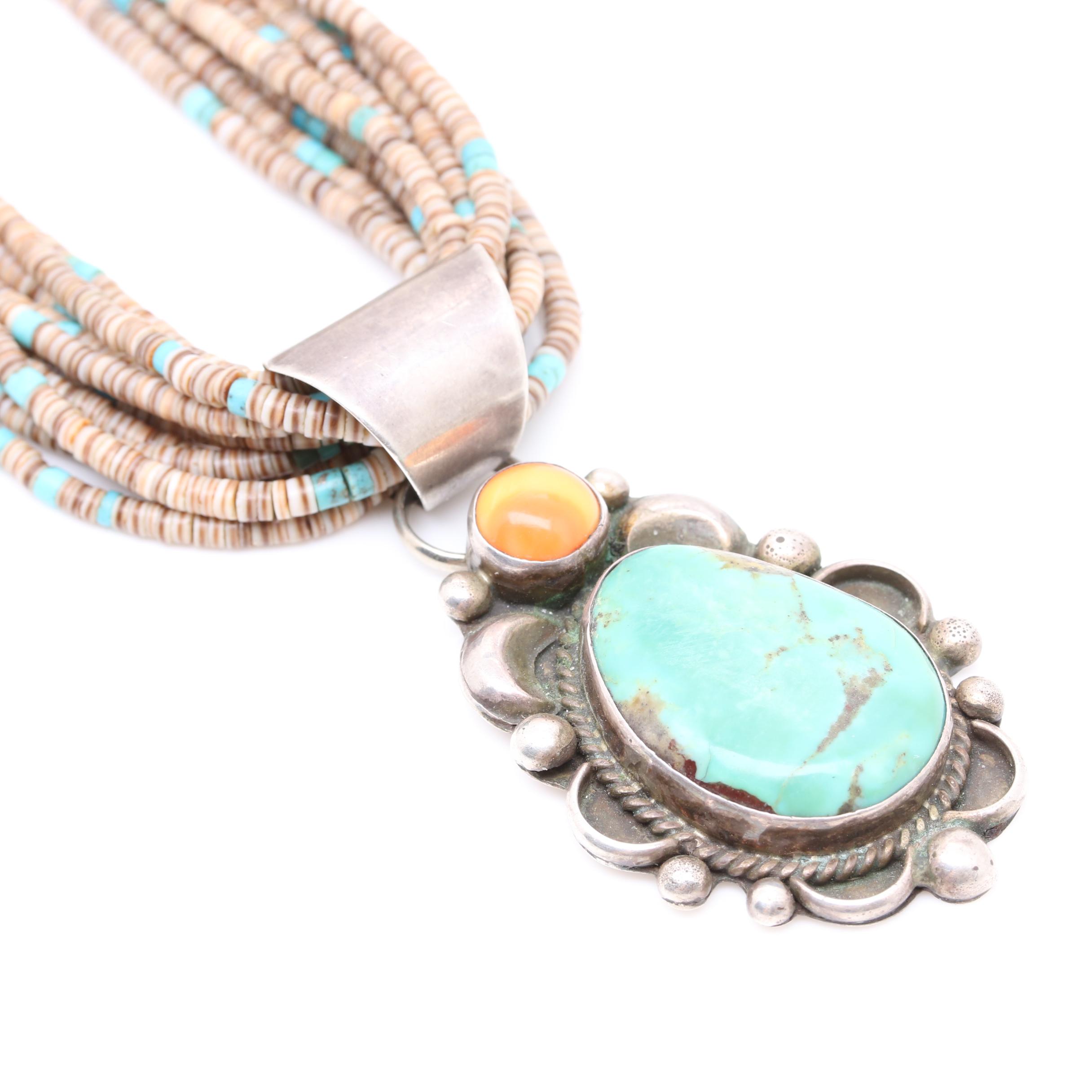 Turquoise and Shell Necklaces Including Albert MacCabe Navajo Diné Sterling