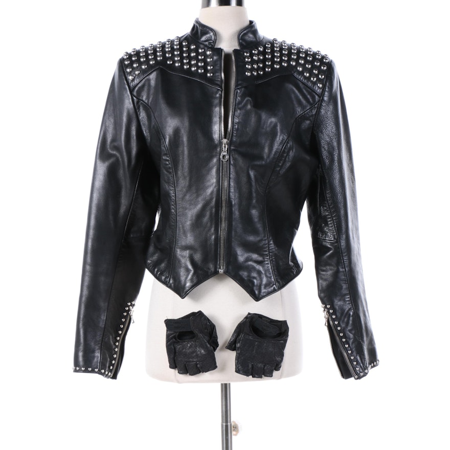 Women's Milwaukee Clothing Co. Studded Black Leather Jacket and Gloves