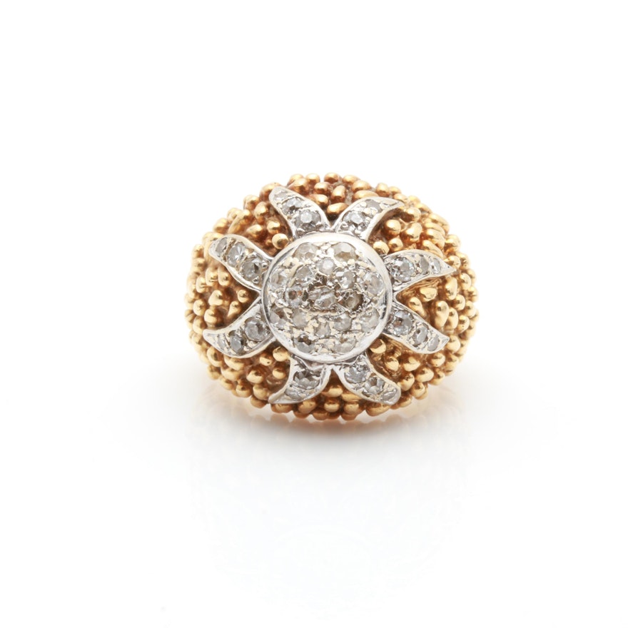 Vintage 18K Yellow And White Gold Diamond Bombé Ring