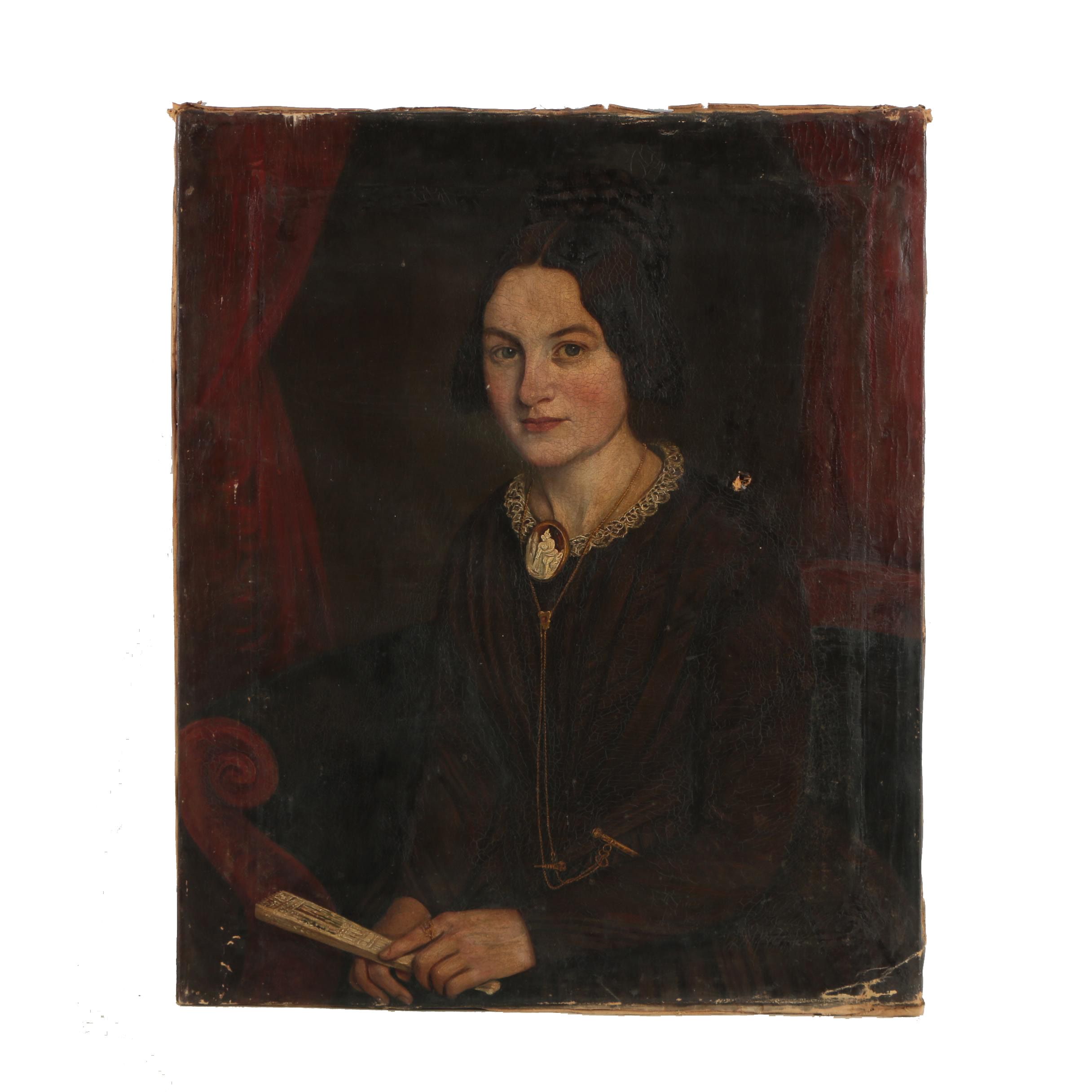 Antique Mid-19th-Century Oil Portrait of a Woman