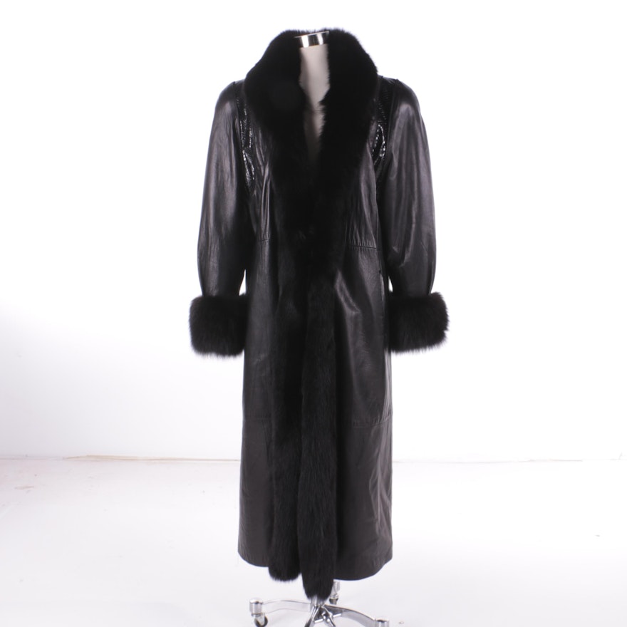 Women's Insulated Black Leather Coat with Fox Fur and Snakeskin Details