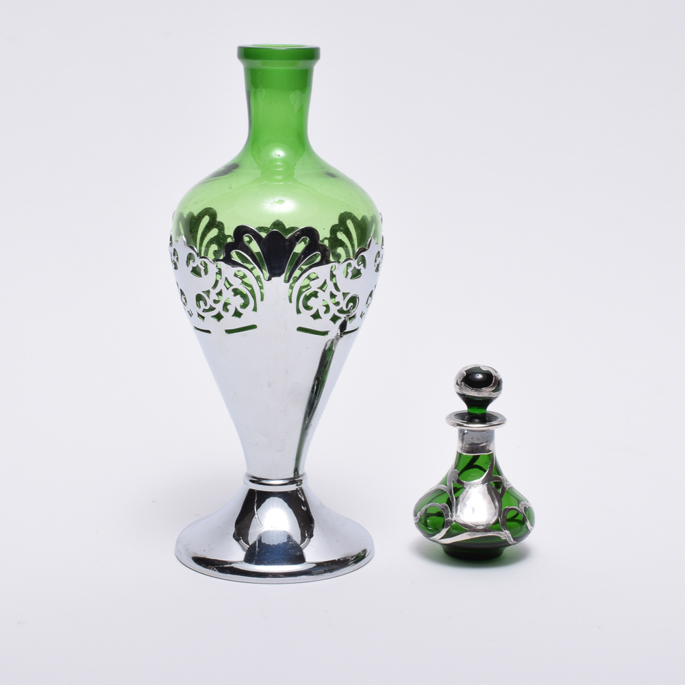 Antique Silver Overlay Perfume Bottle and Vintage Farber Krome Decanter