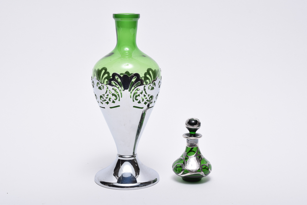 Antique Silver Overlay Perfume Bottle and Vintage Farber Krome Decanter