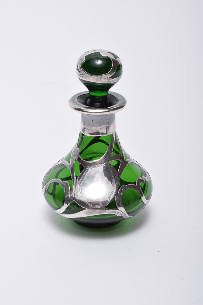 Antique Silver Overlay Perfume Bottle and Vintage Farber Krome Decanter
