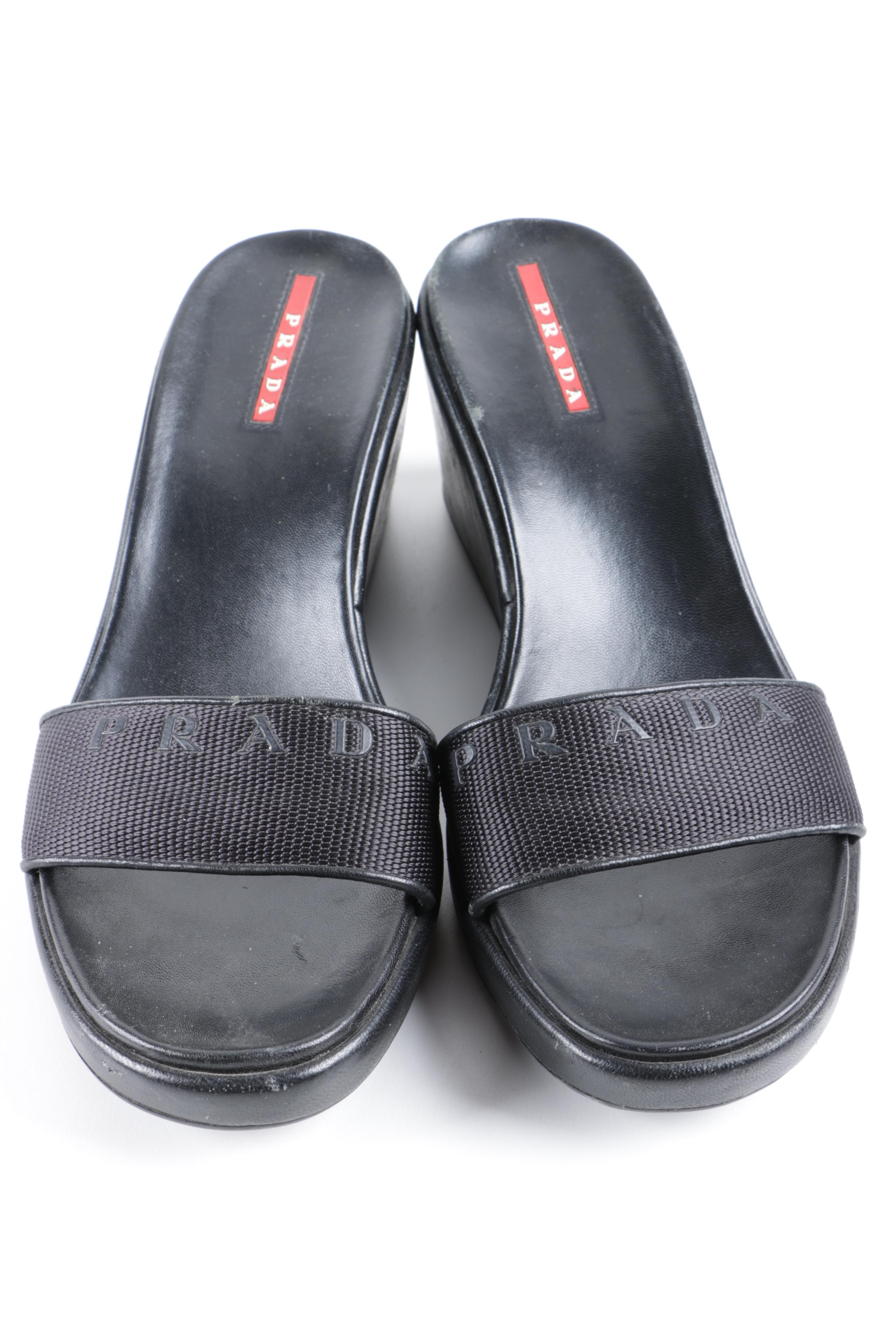 Prada Black Leather and Nylon Wedge Slides