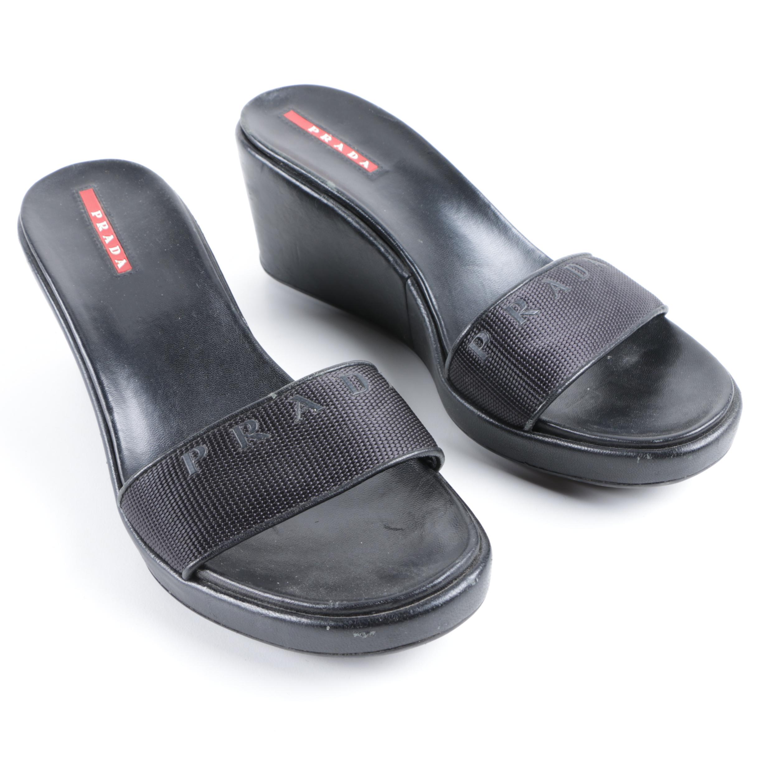 Prada Black Leather and Nylon Wedge Slides
