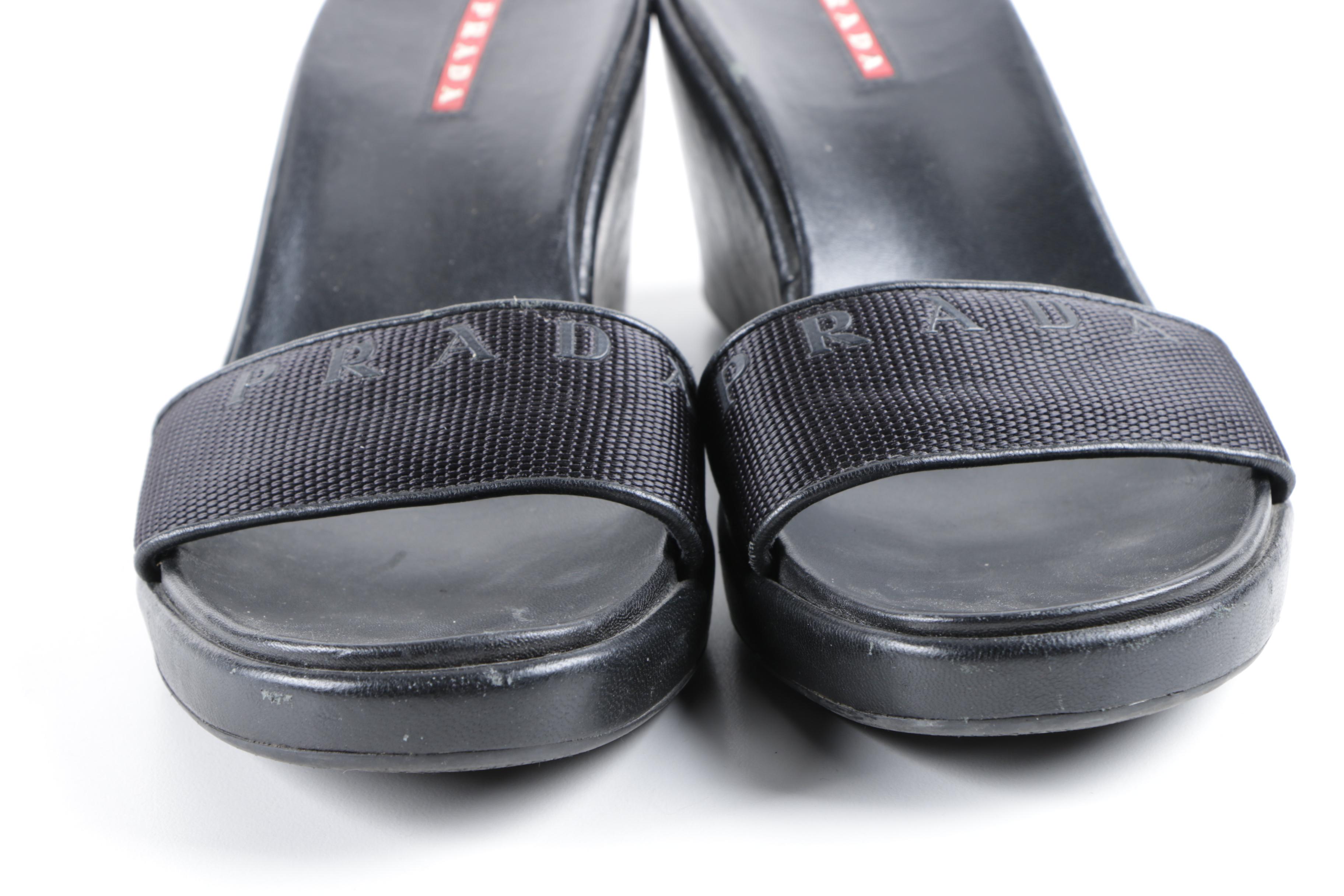 Prada Black Leather and Nylon Wedge Slides