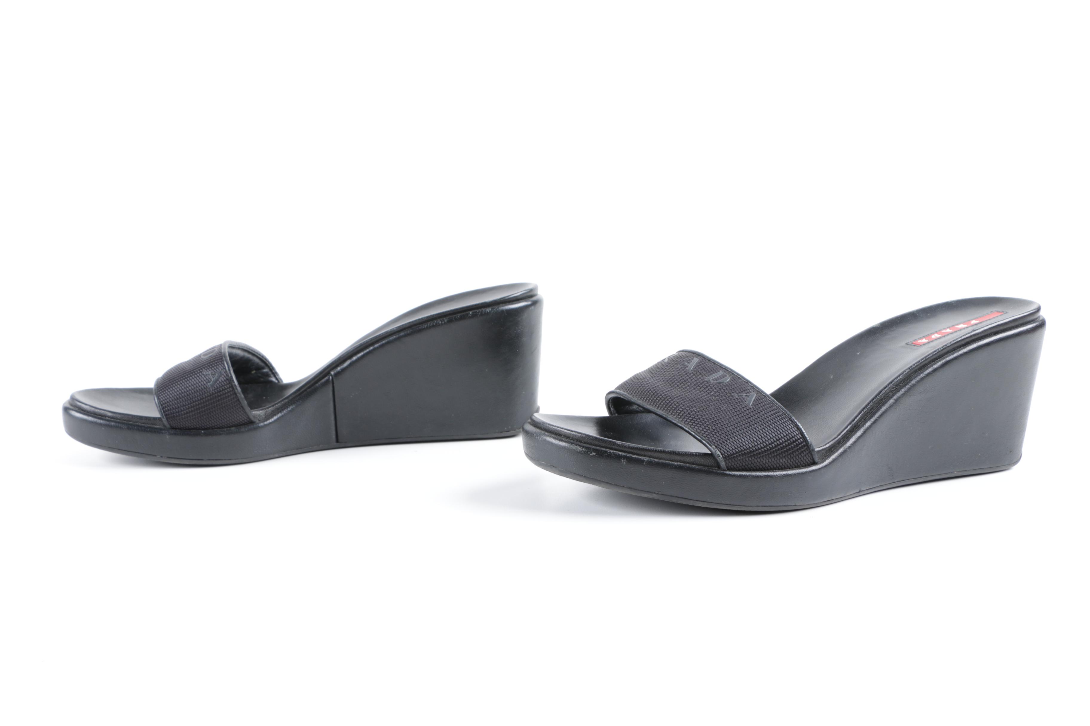 Prada Black Leather and Nylon Wedge Slides