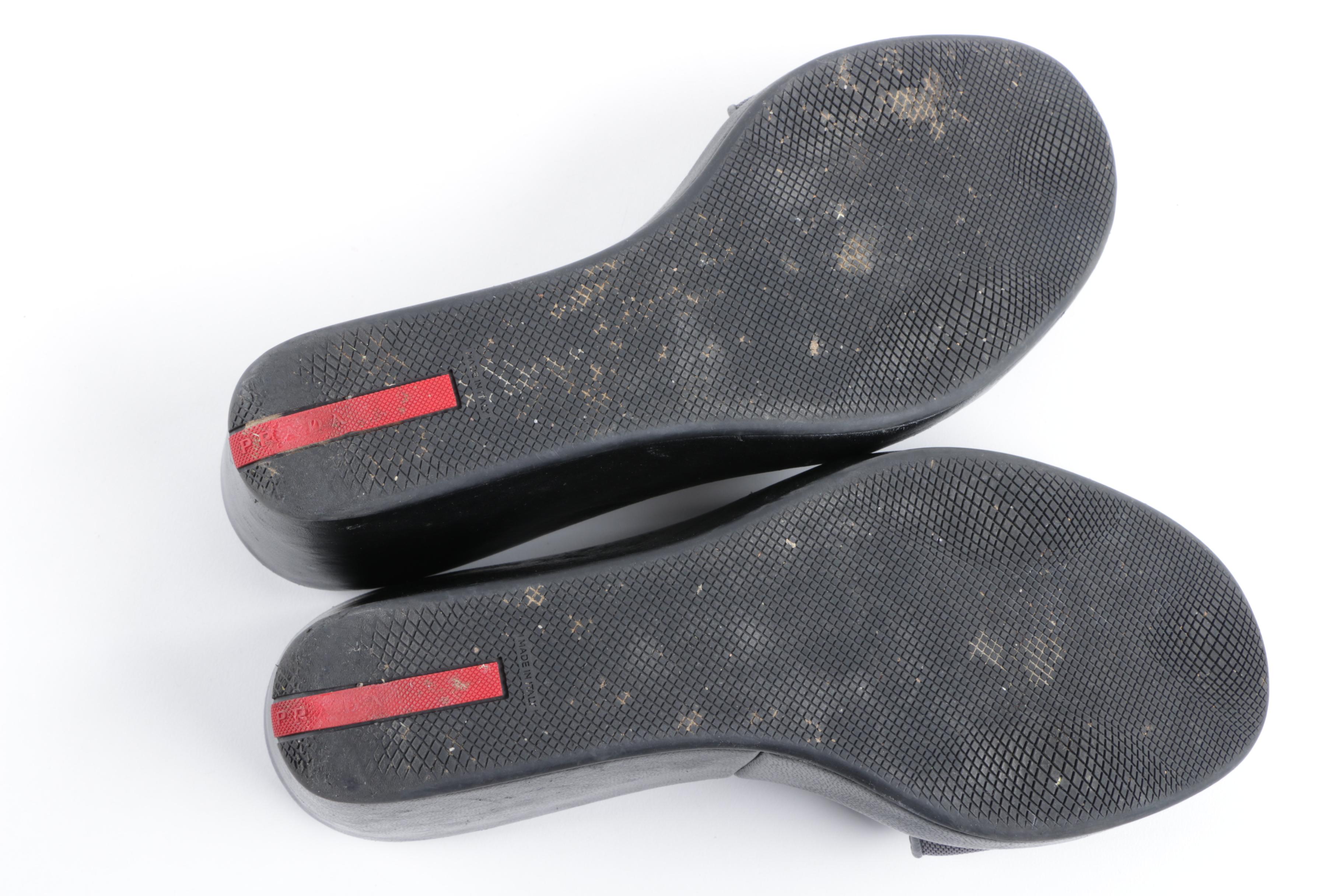 Prada Black Leather and Nylon Wedge Slides