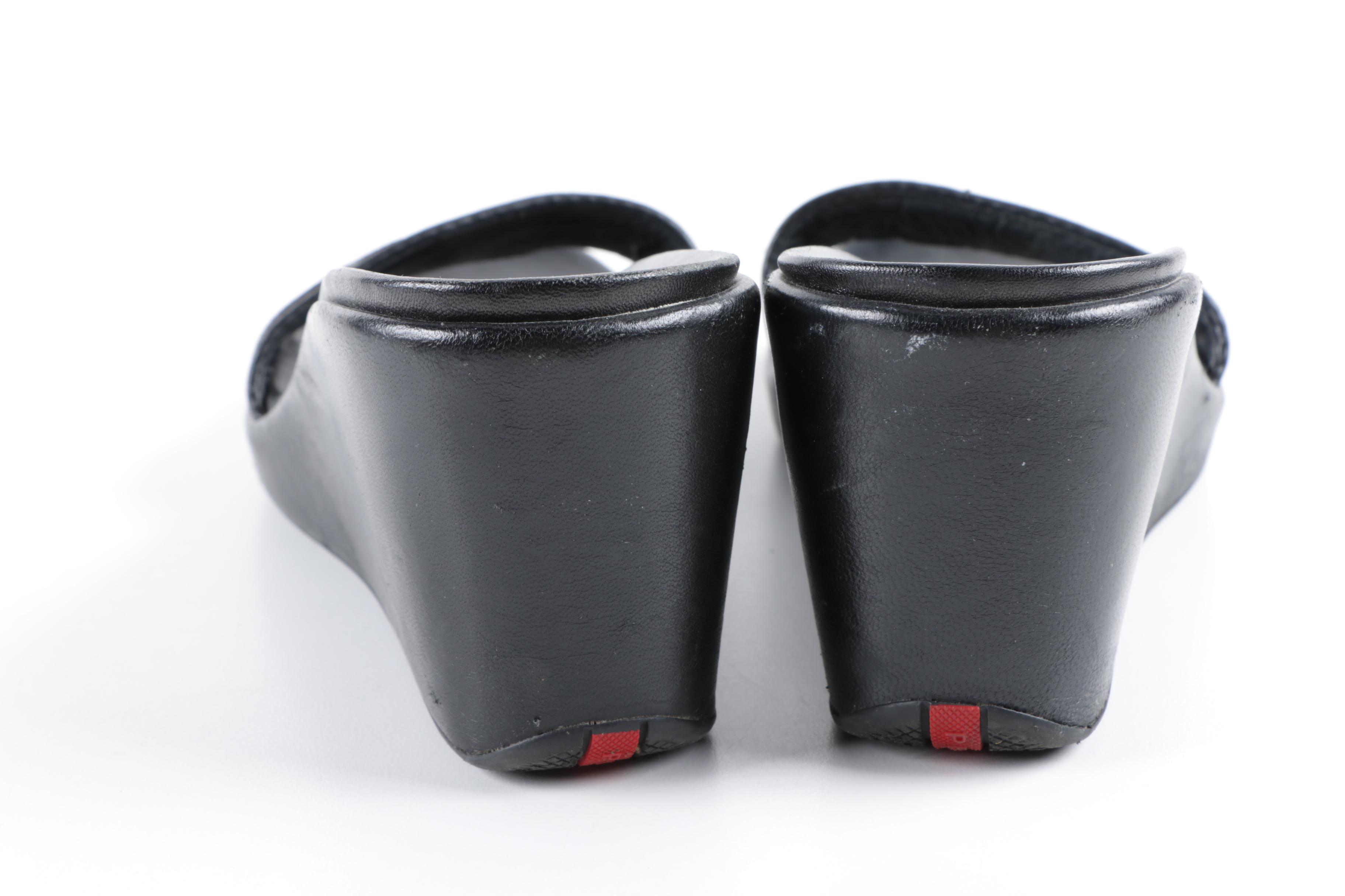 Prada Black Leather and Nylon Wedge Slides
