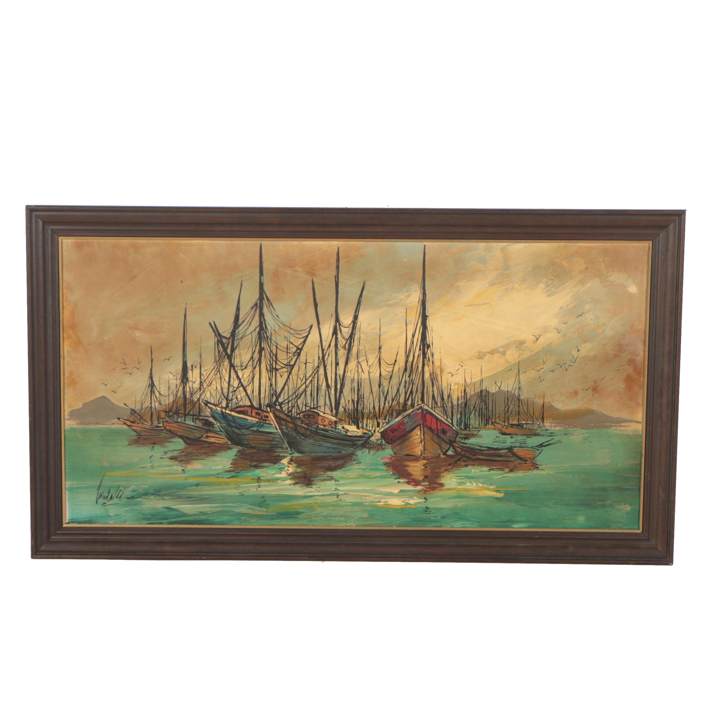 Mid Century Oil Painting of Boats in a Harbor