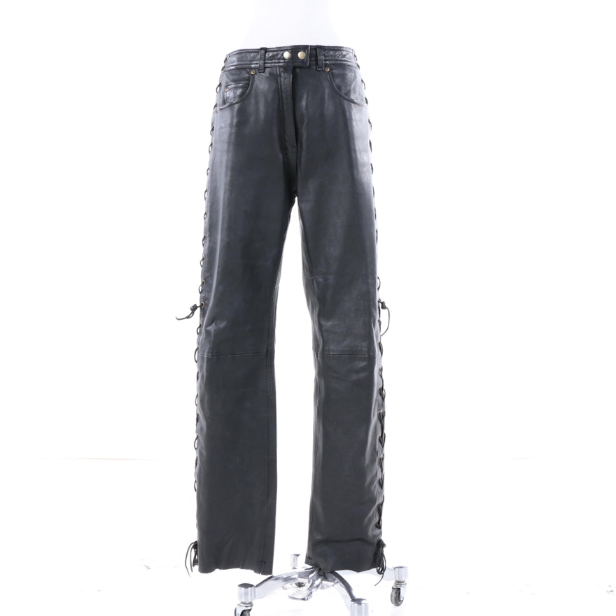 Women's Leather Gallery Black Leather Pants with Lace-Up Grommets