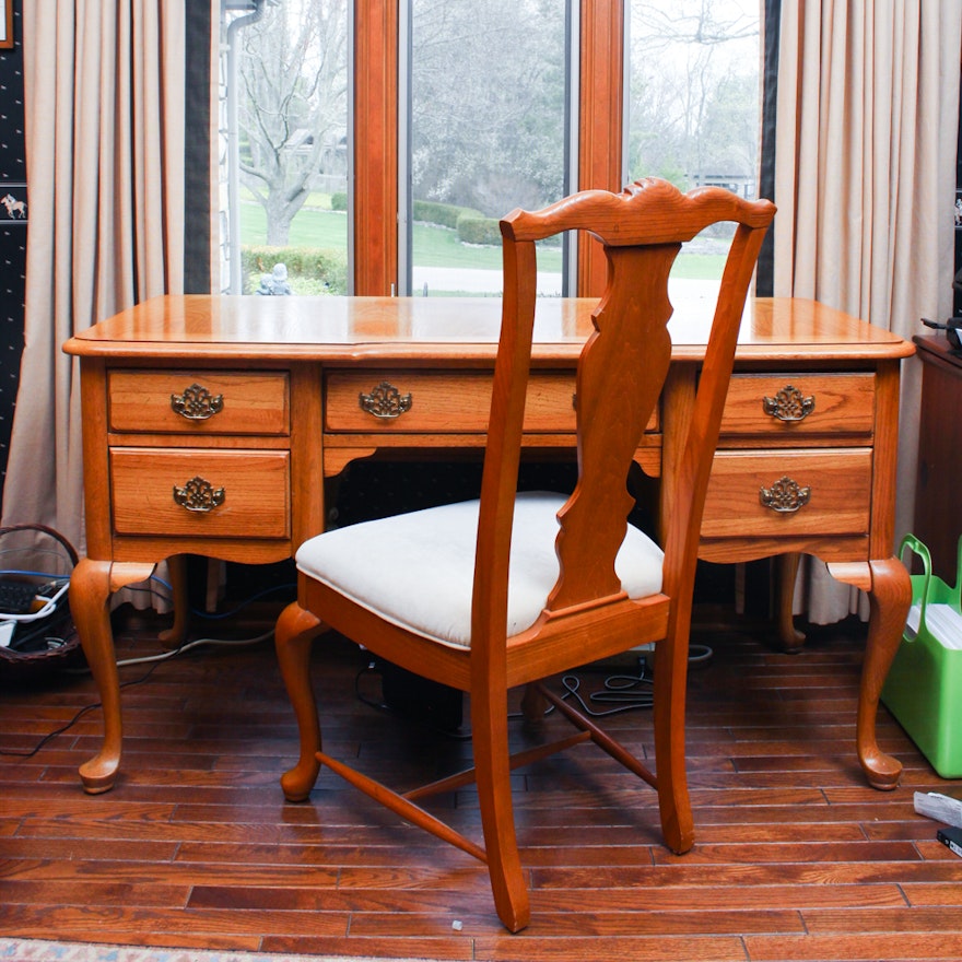 Oak Queen Anne Style Desk and Chair
