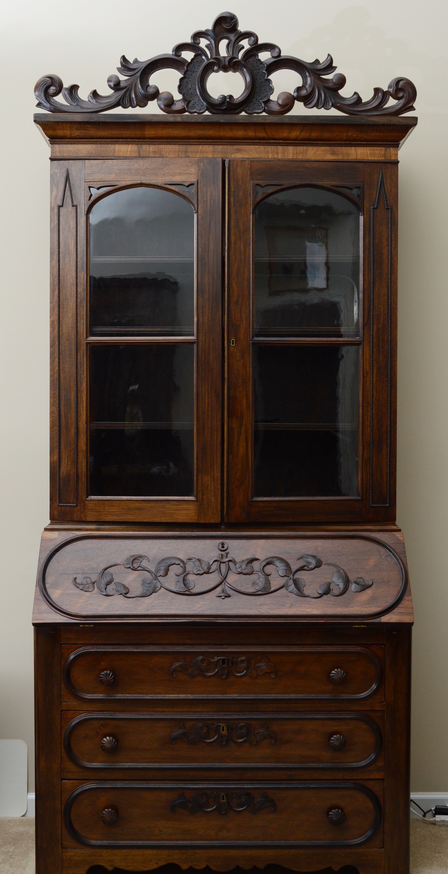 Antique Victorian Secretary Bookcase, in Walnut and Rosewood