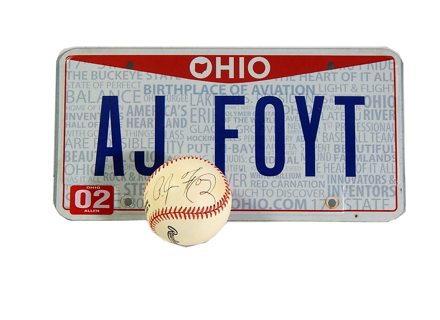 NASCAR A.J. Foyt Ohio License Plate and Autographed Baseball