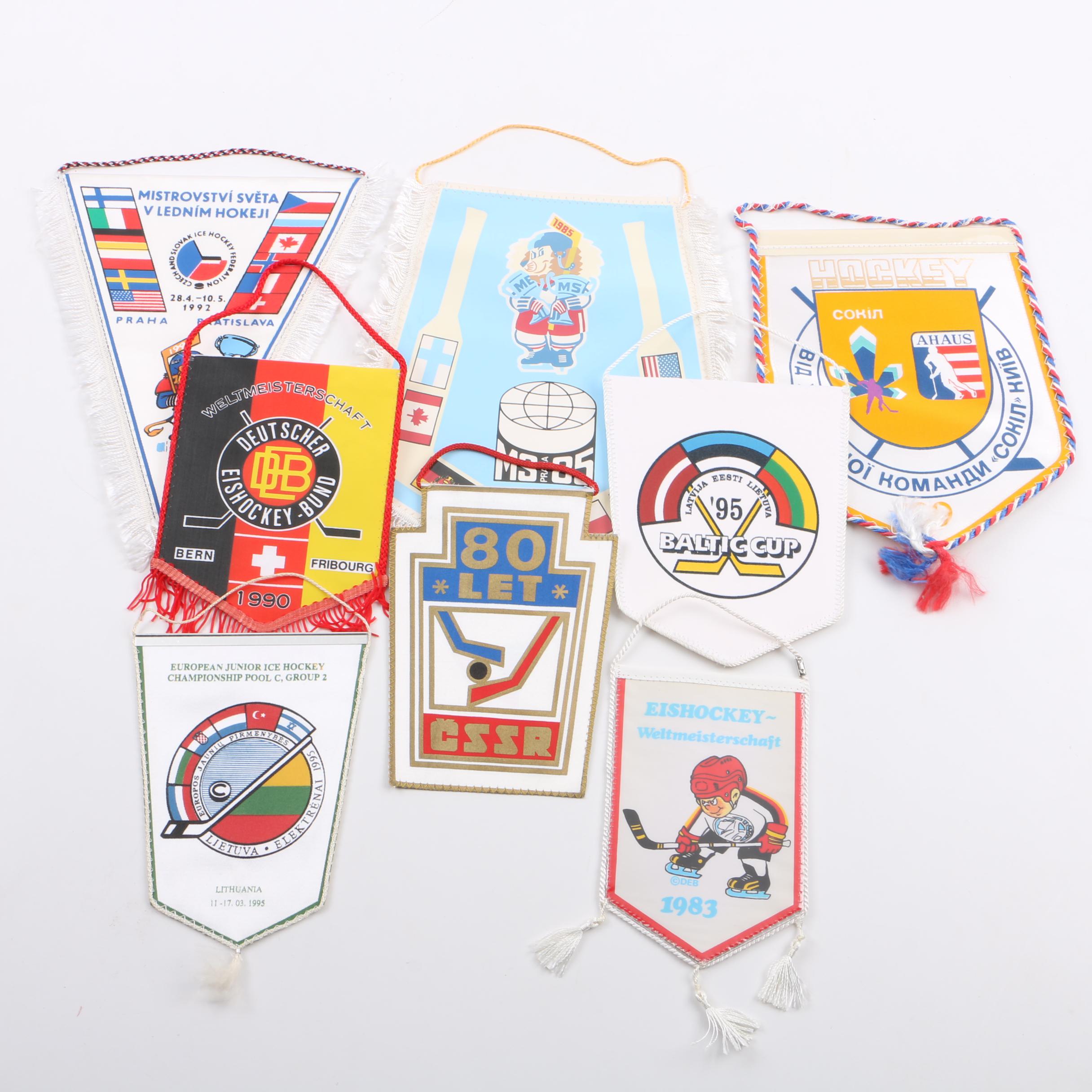 Collection of Eight Vintage International Hockey Tournament Pennants