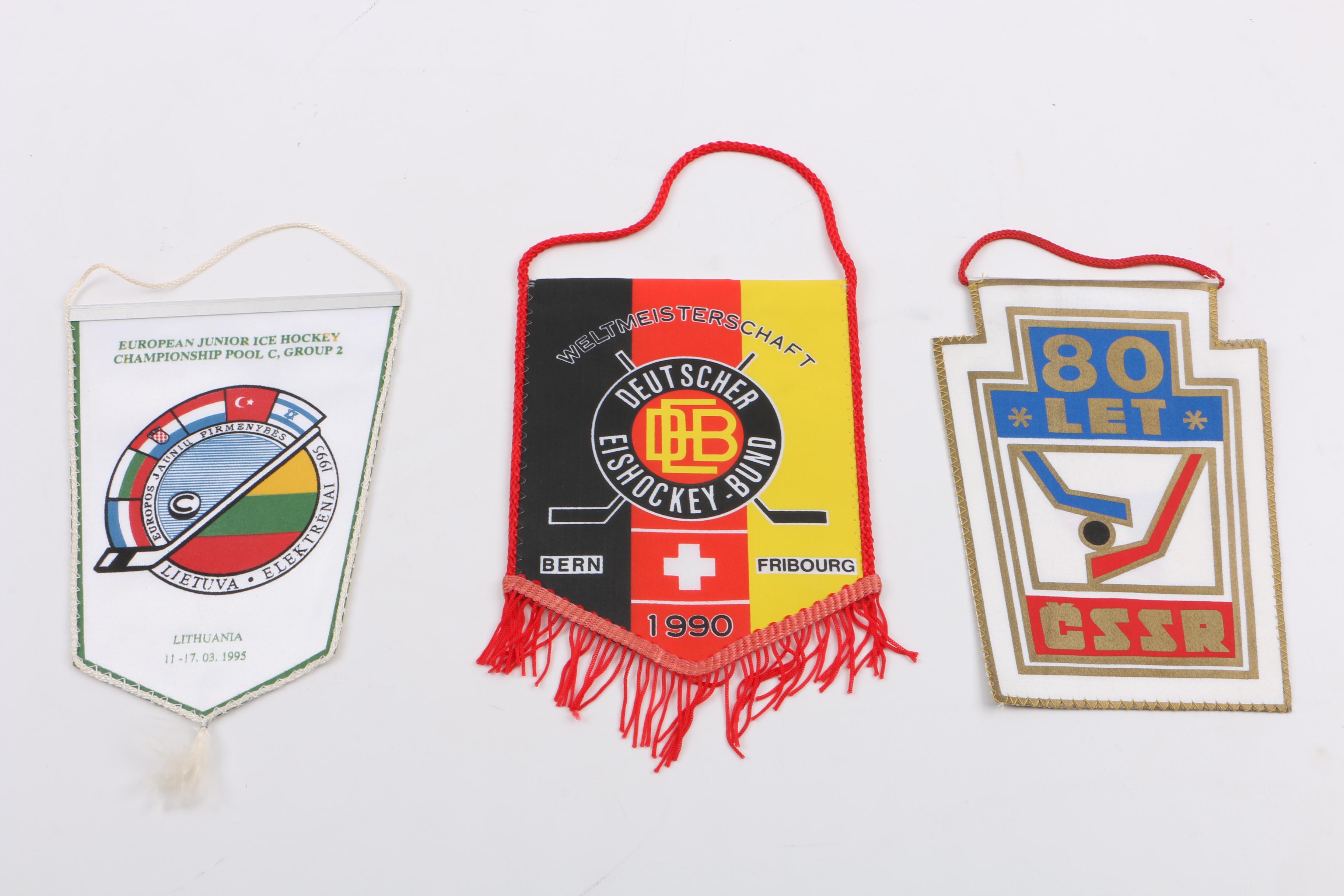 Collection of Eight Vintage International Hockey Tournament Pennants