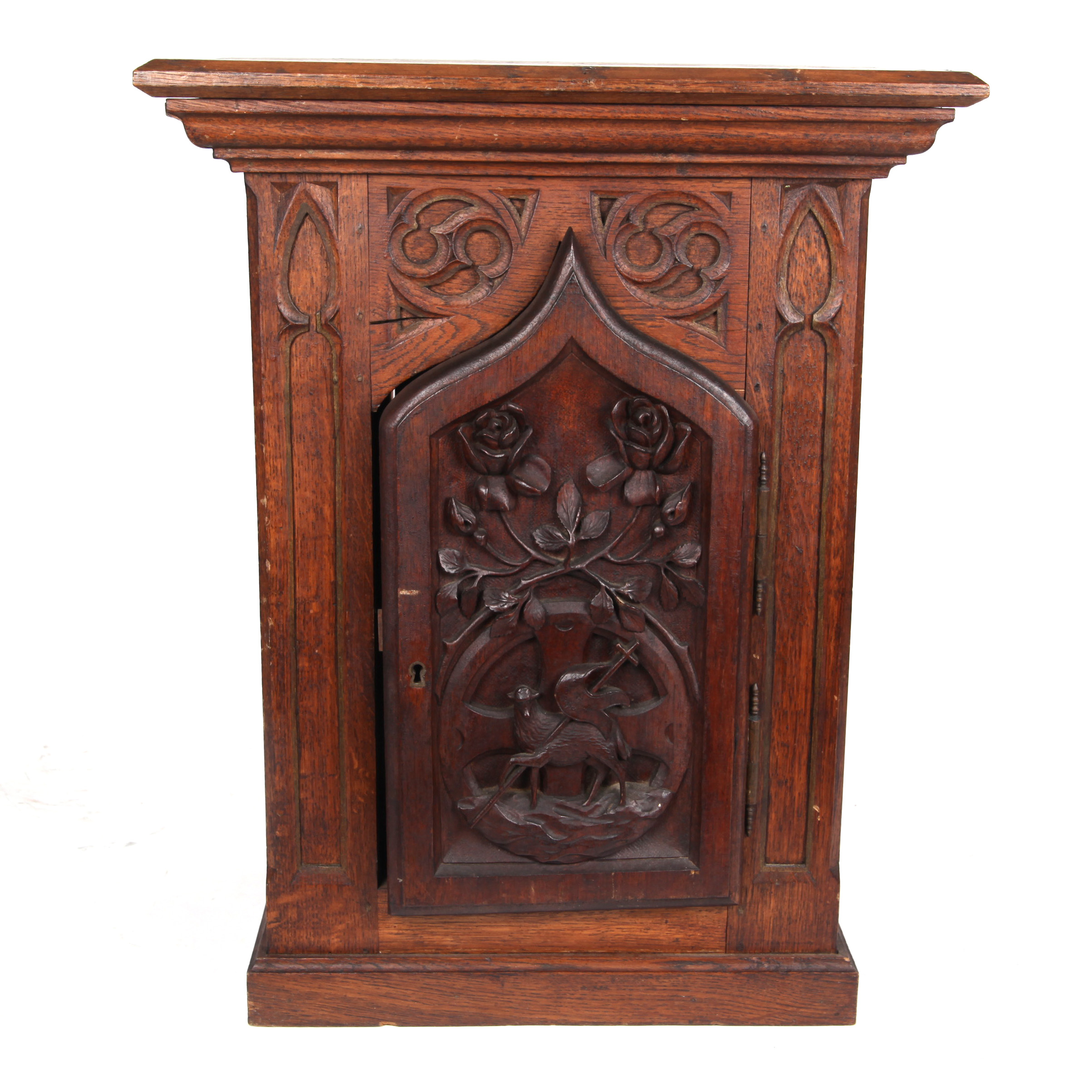 Antique Gothic Revival Carved Oak Church Cabinet
