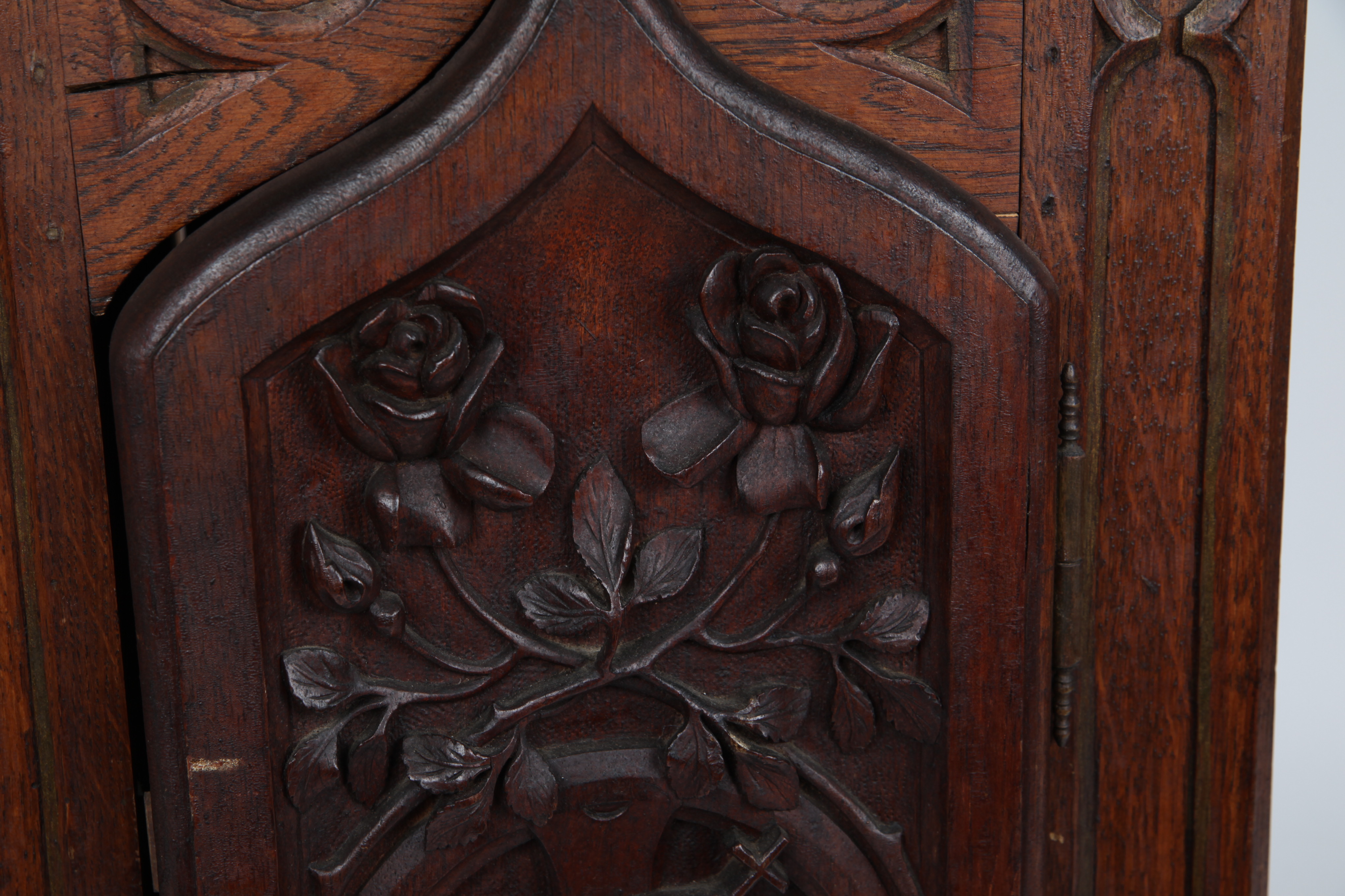 Antique Gothic Revival Carved Oak Church Cabinet