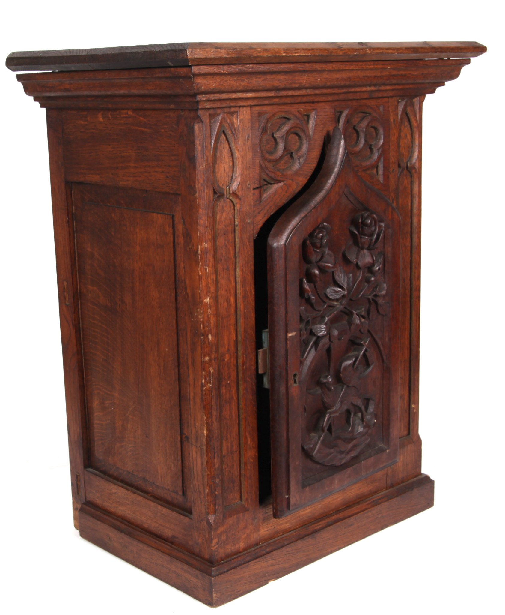 Antique Gothic Revival Carved Oak Church Cabinet